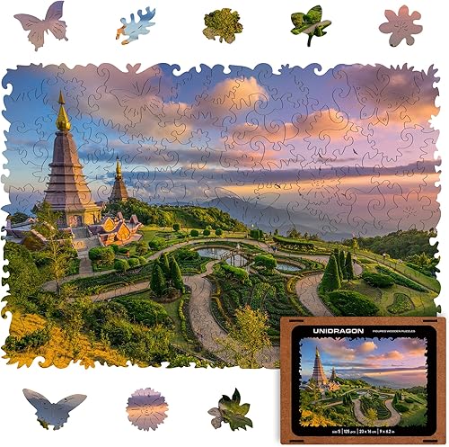Miniatura 1 de UNIDRAGON Rompecabezas de madera originales, Nature Chiang Mai, 125 piezas, pequeño de 9 x 6.2 pulgadas, hermoso paquete de regalo, forma única, el