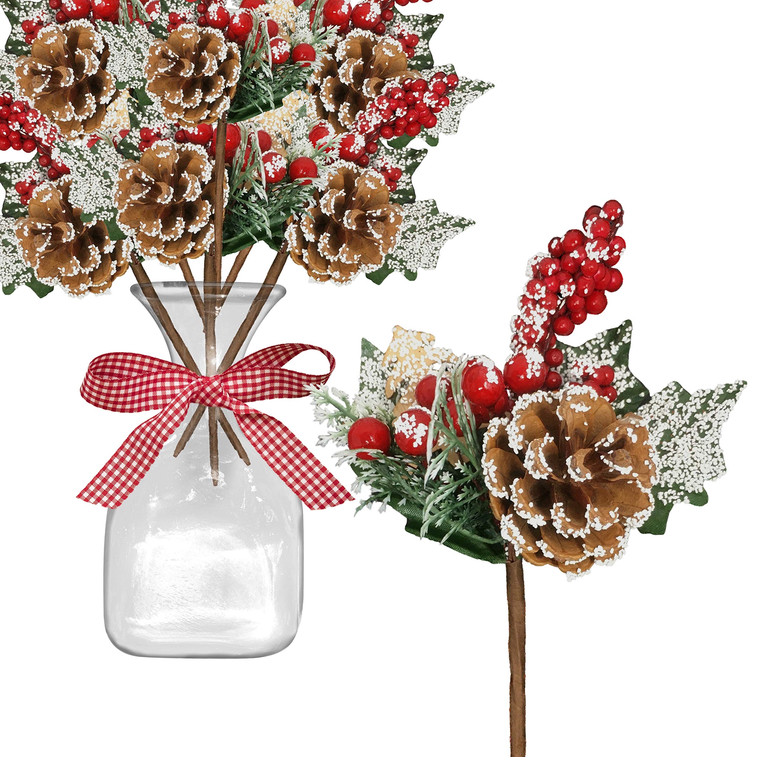 BANBERRY DESIGNS Snow Flocked Berry and Pine Cone Picks - Set of 10 Christmas Sprays with Snow Covered Pine Cones and Red Berries - Holiday Crafting Decorations