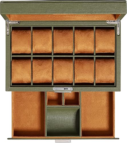 Miniatura 2 de Juego de regalo Caja de reloj de cuero con 10 ranuras con cajón de valet y funda de viaje a juego para 5 relojes, organizador de exhibición de