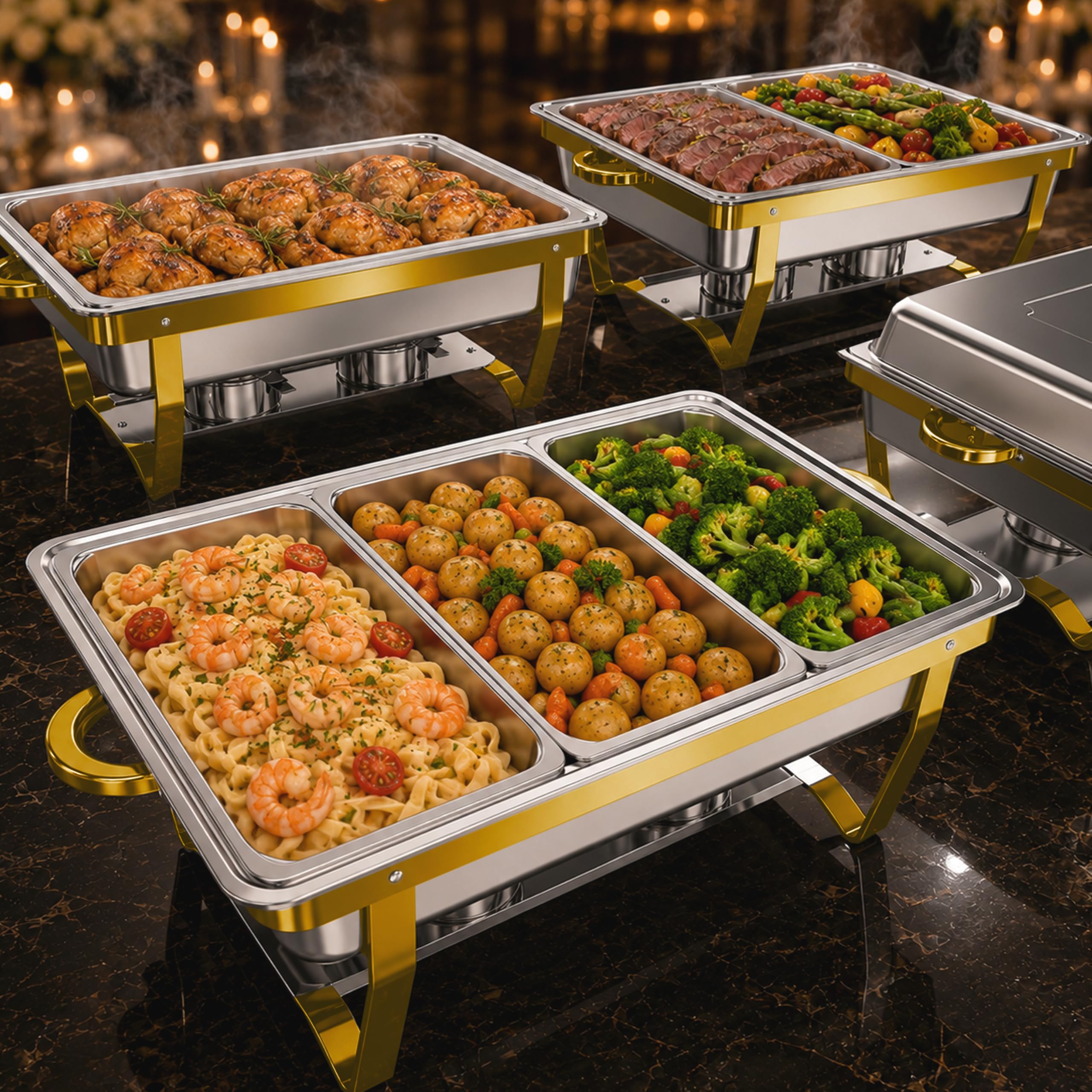 4Pack Rectangular Chafing Dishes for Buffet,Total 36QT Set with 7 Food Pans Gold Silver 4 Pack
