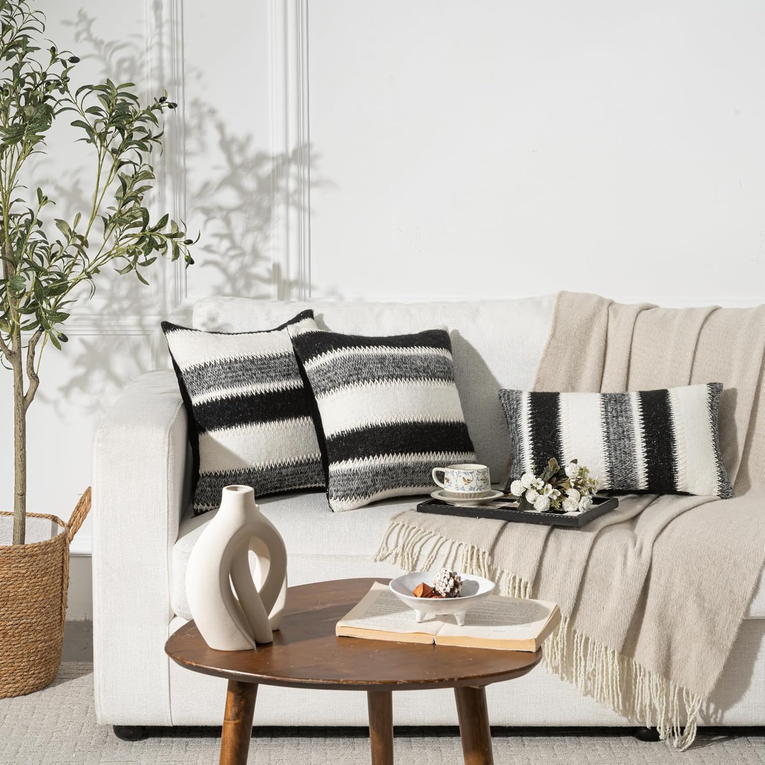 Set of 2 Out/Indoor 20x20 in Black&White&Gray Soft Stripes Wool Farmhouse Decorative Throw Pillow Cover Boho Accent Neutral Textured Cushion Pillow Case for Living Room Couch Bed Sofa