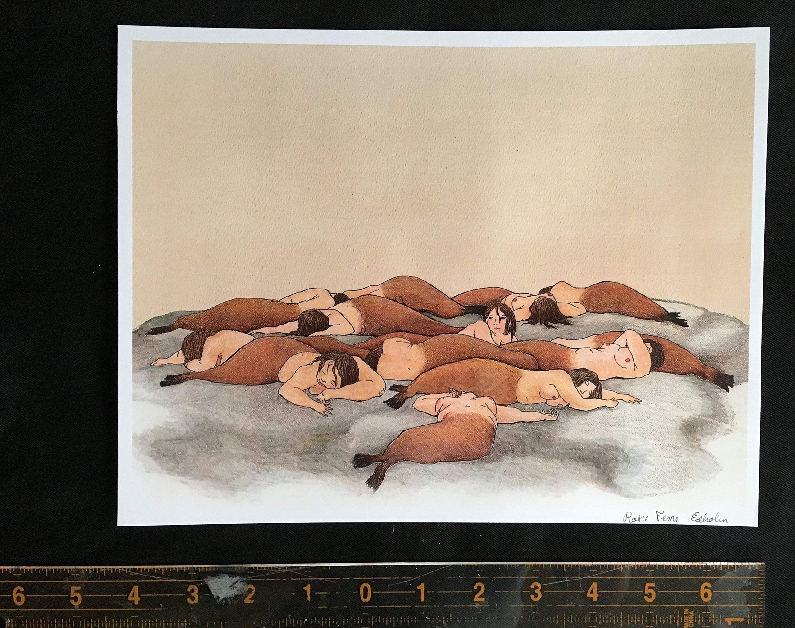 Mermaid Seals colored pencil illustration art print