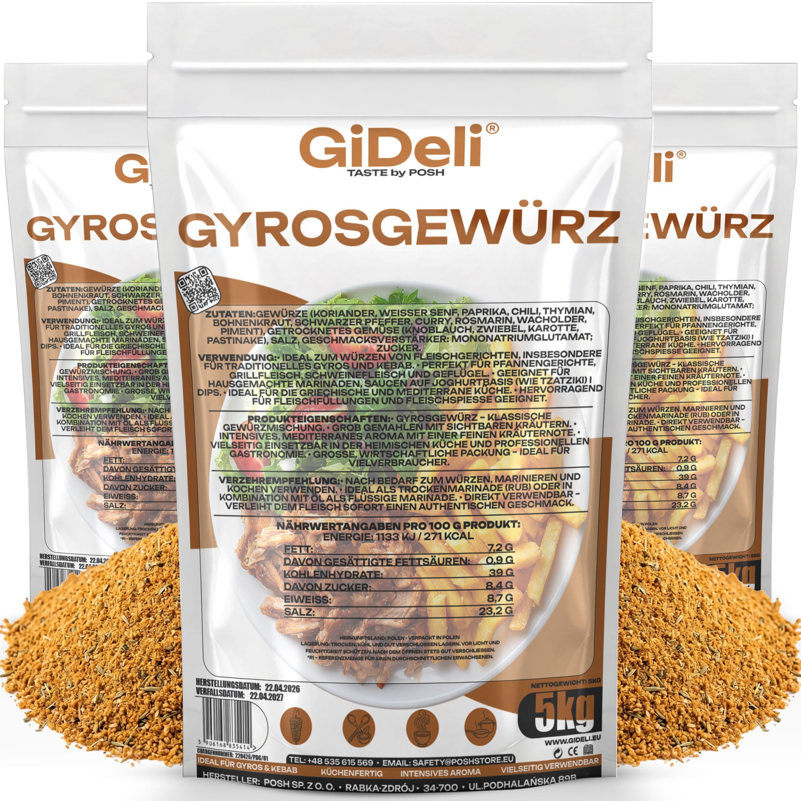 GiDeli Gyrosgewürz 3x5kg - Authentische Griechische Rezeptur mit 11 Gewürzen & Kräutern - Mediterrane Gewürzmischung & Fleischgewürz - Grob Gemahlen & Küchenfertig - Ideal für Grill, Kebab & Marinaden