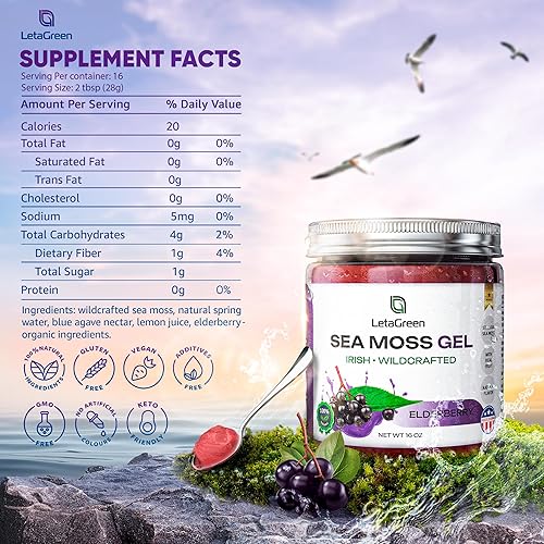 Miniatura 3 de LetaGreen Irish Sea Moss Gel de 16 onzas  Gel de masa marina silvestre orgánico de Santa Lucía (saúco)  Gel de musgo marino verdadero para el
