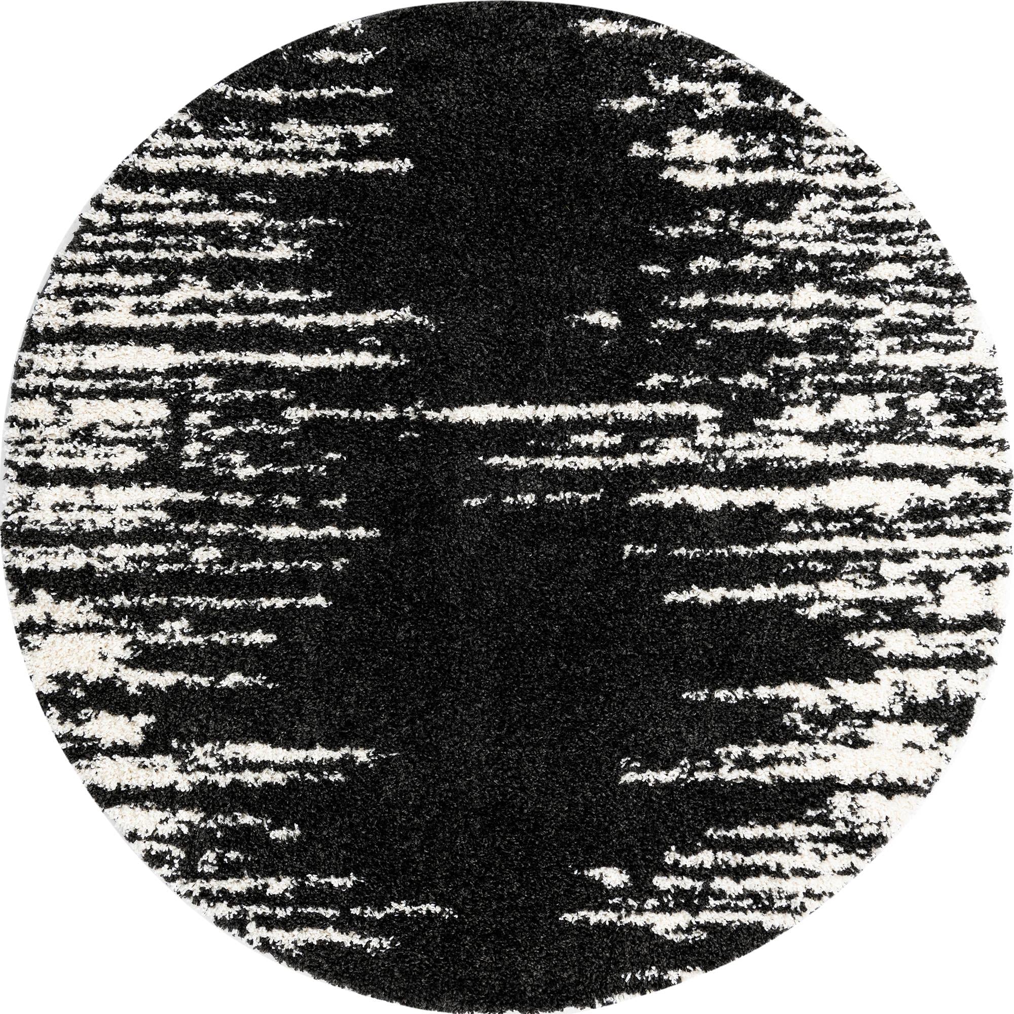 Rugs.com Serenity Shag Collection Rug – 7 Ft Round Black and White Shag Rug Perfect for Kitchens, Dining Rooms