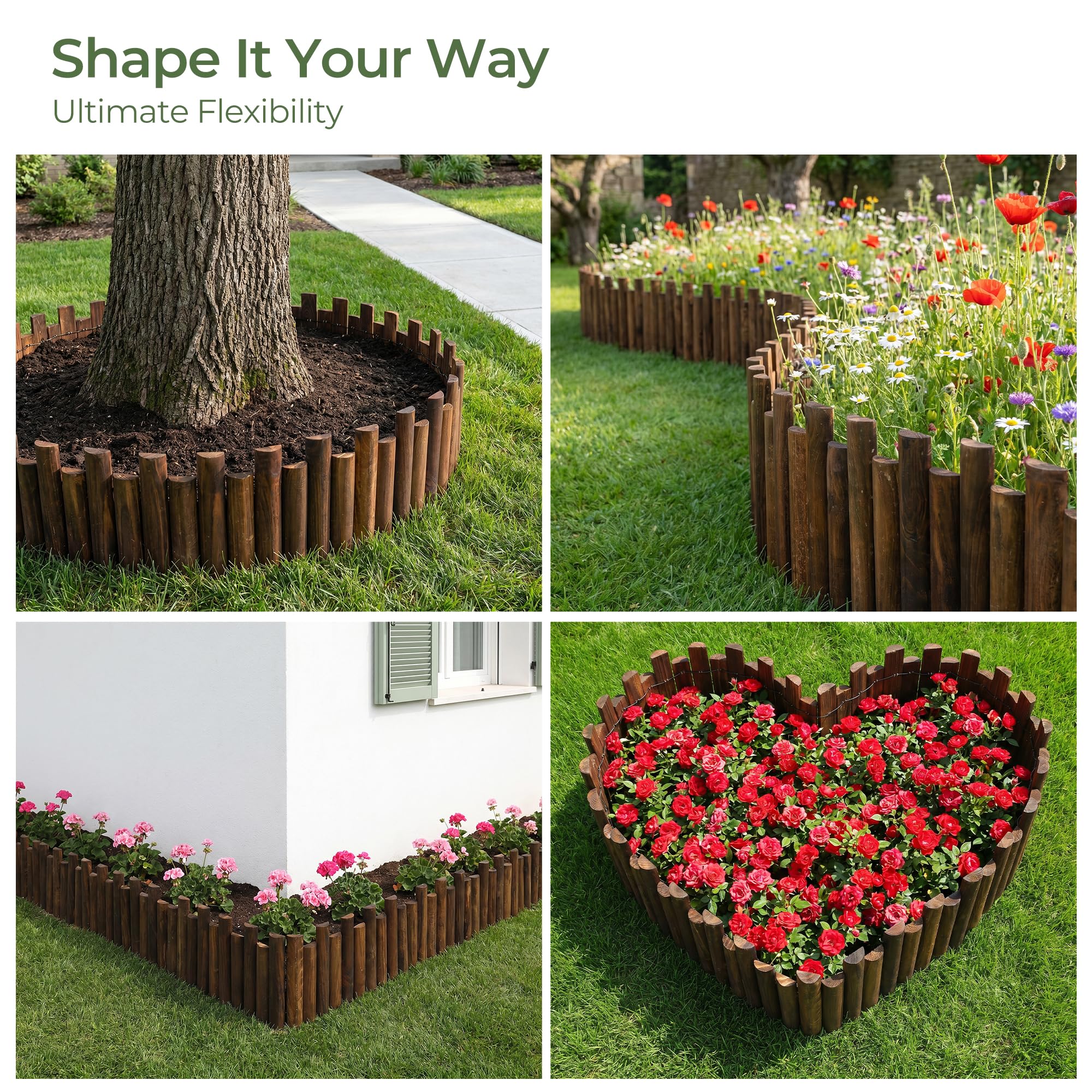 Recinzione da Giardino in Legno Finitura Legno Bruciato Altezza Totale 35cm Lunghezza 120cm per Prato e Aiuole Recinzione Flessibile e Decorativa #K650A01