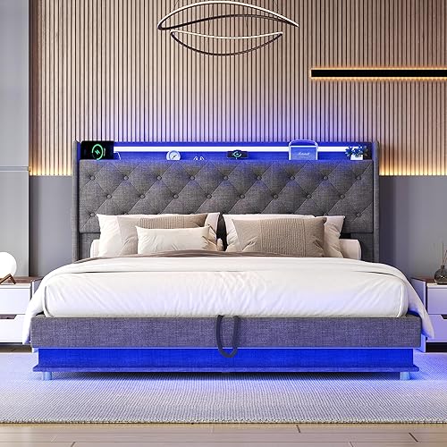Miniatura 4 de Cama Queen con almacenamiento abatible, cama de plataforma tapizada con cabecero acolchado con botones y almacenamiento, estructura de cama tamaño