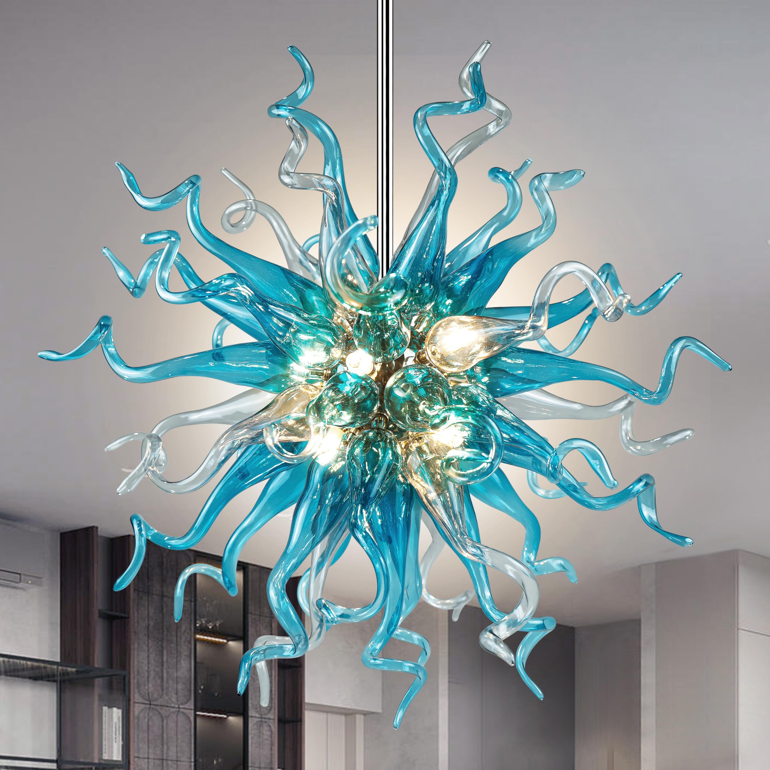 Vcozar Modern Hand Blown Glass Chandelier Blue and Grey Glass Rod Insert Metal Ball Art Deco Ceiling Light Hanging Light Fixture for Dining Room Foyer