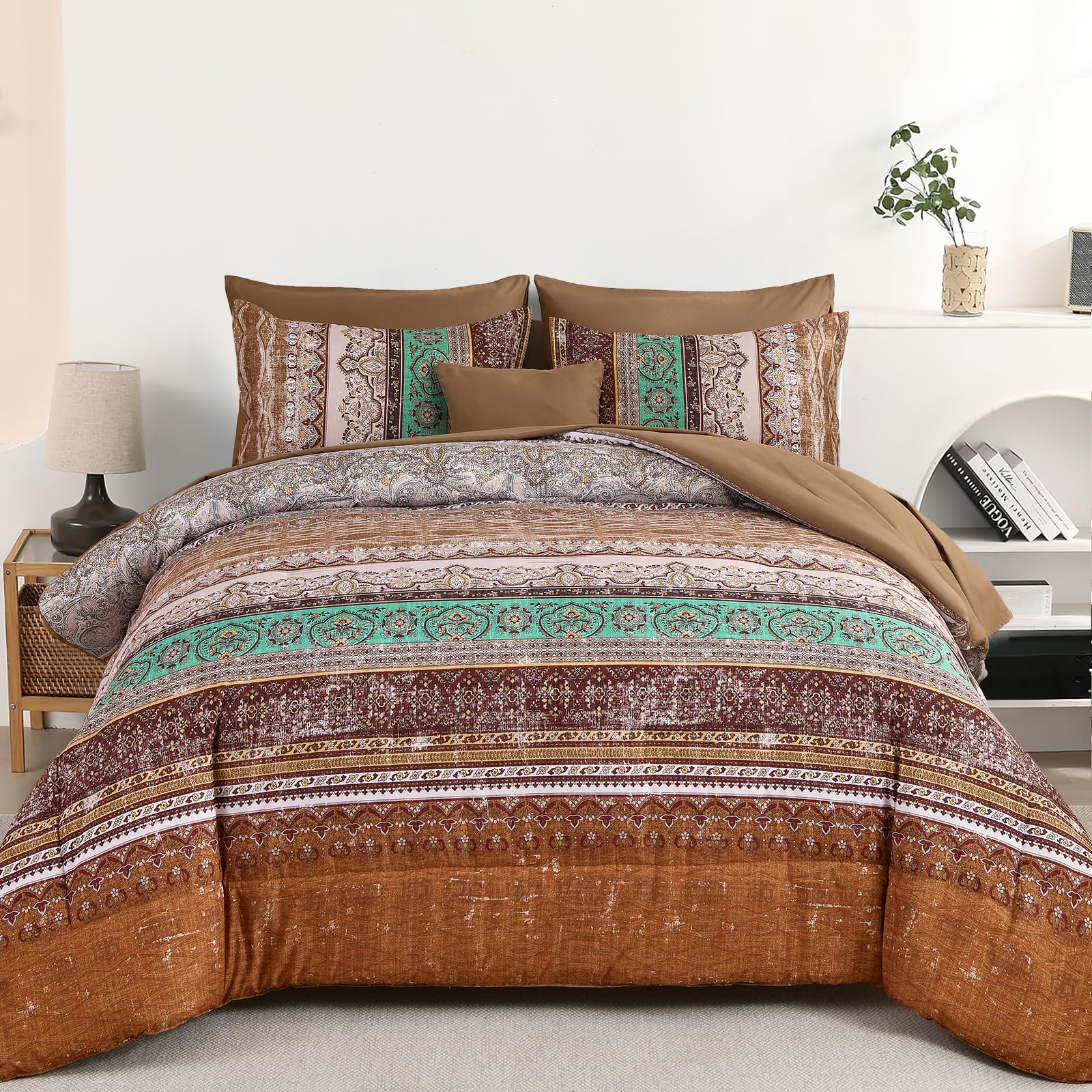 Cottolester Boho Queen Comforter Set 8 Pieces, Brown Bohemian Striped Bed in a Bag, Paisley Soft Microfiber Bedding Comforter Set