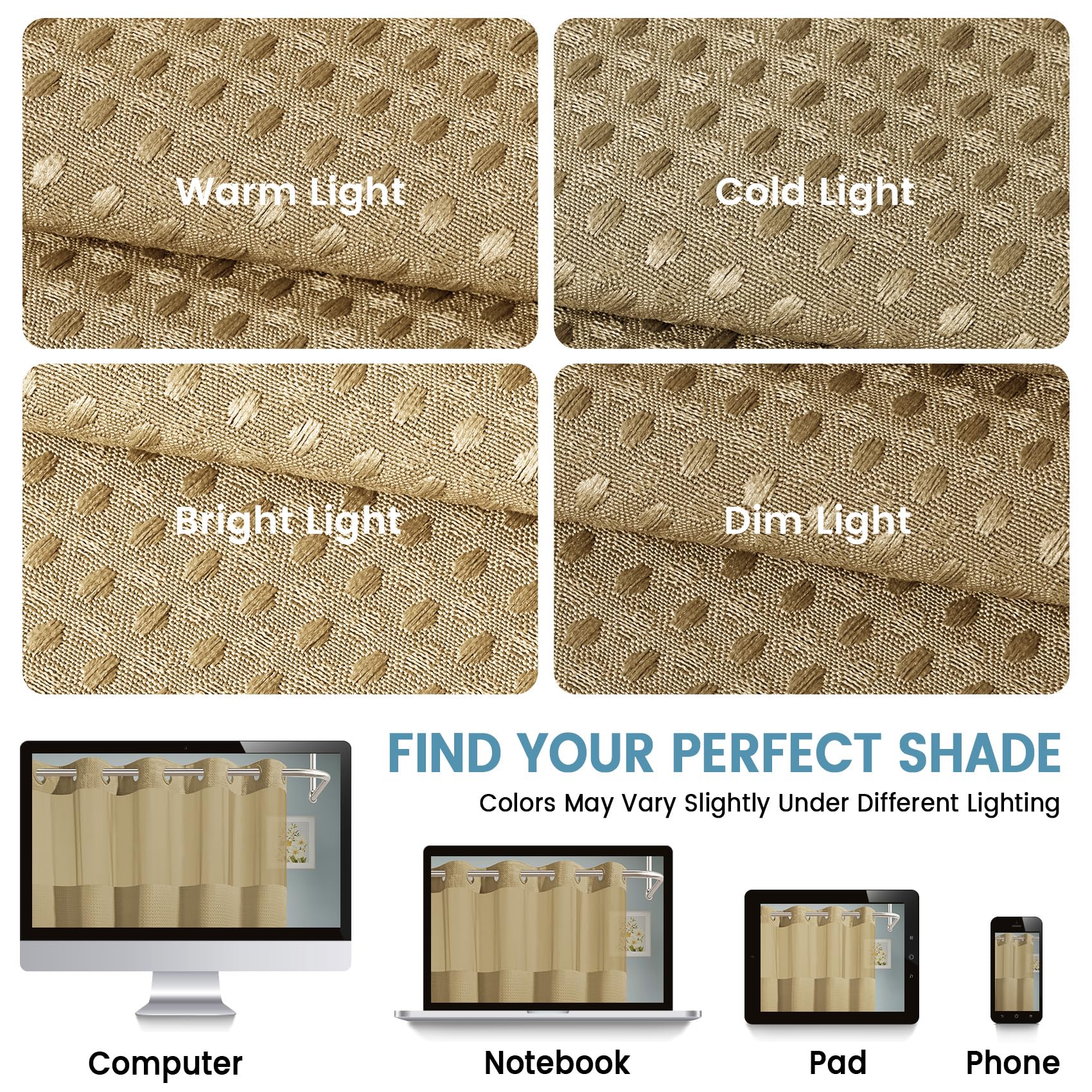 EUTXL Long Rideau de Douche Beige sans Crochet avec Doublure à Clipser, 230 g/m², Tissage gaufré pour Salle de Bain, 180 x 218 cm (l x H)