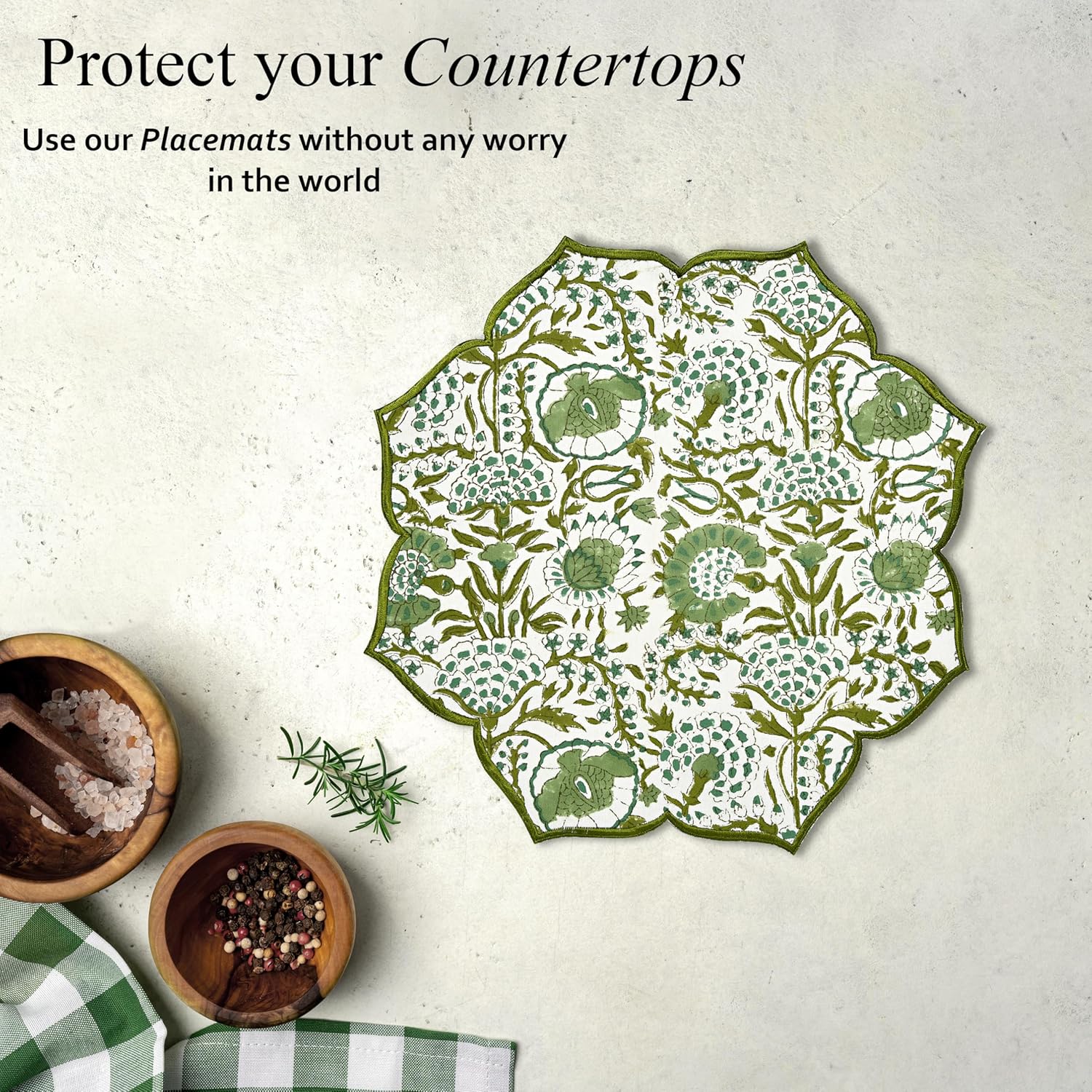 CPC Agate Green Hand Block Print Cotton Placemat 15x15 Set of 4 Handmade Double Layered, Machine Washable, Flower Scalloped, Embroidered Table Mats, Gift for Spring, Easter