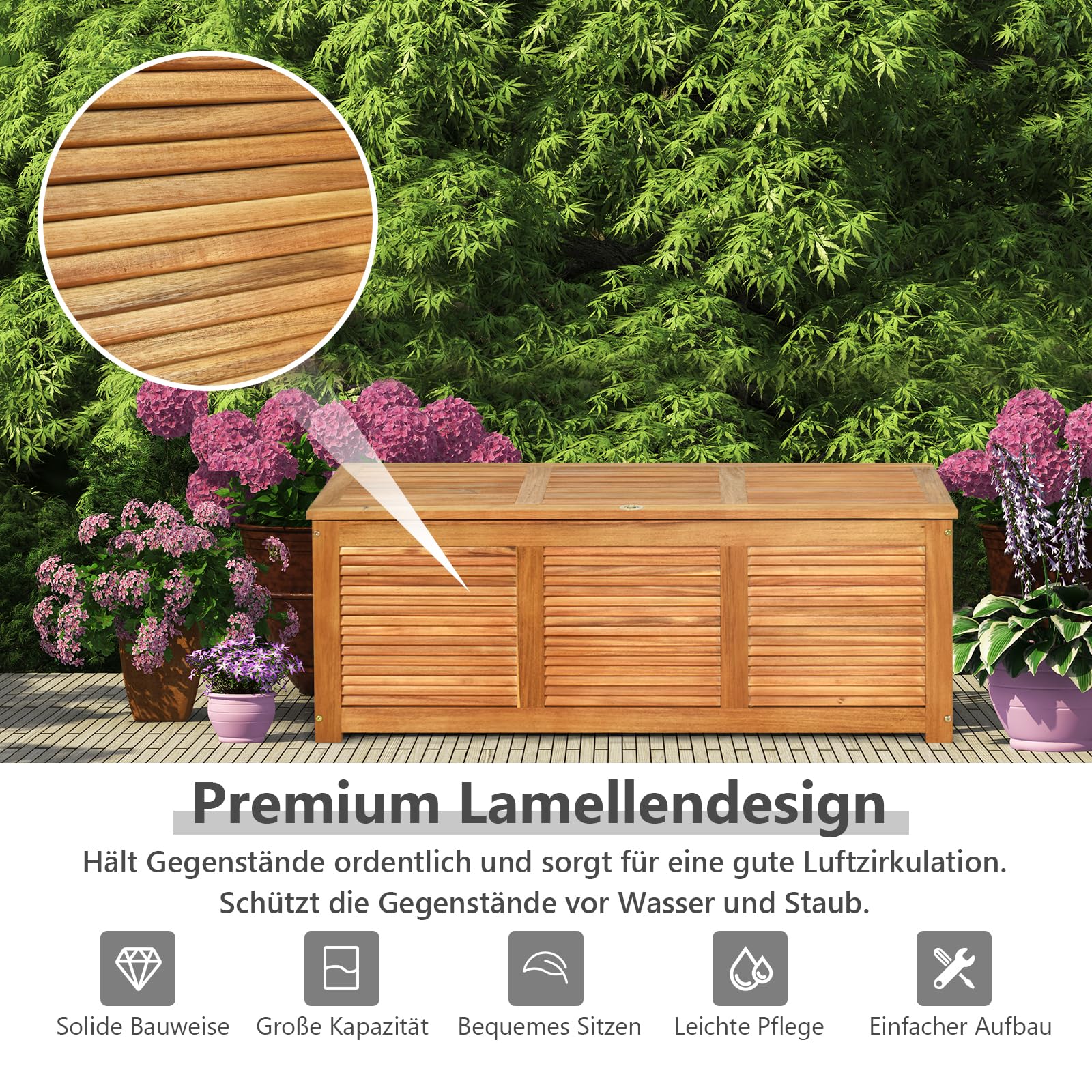 GIANTEX Auflagenbox Kissenbox Holz, Gartenbox mit Deckel, Aufbewahrungsbox Garten 178L, Gartentruhe Kissentruhe Outdoor, Aufbewahrungstruhe Garten, Auflagentruhe Holztruhe atmungsaktiv, 120x45x45cm