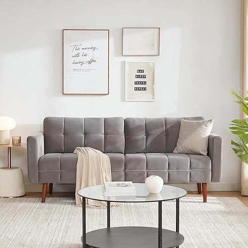 Tbfit Mid Century Modern Couch, 75.5’’W Loveseat Sofa for Living Room, Velvet Button Tufted Upholstered Love Seats, Easy to Install and Solid Wood Frame for Bedroom and Office, Dark Grey