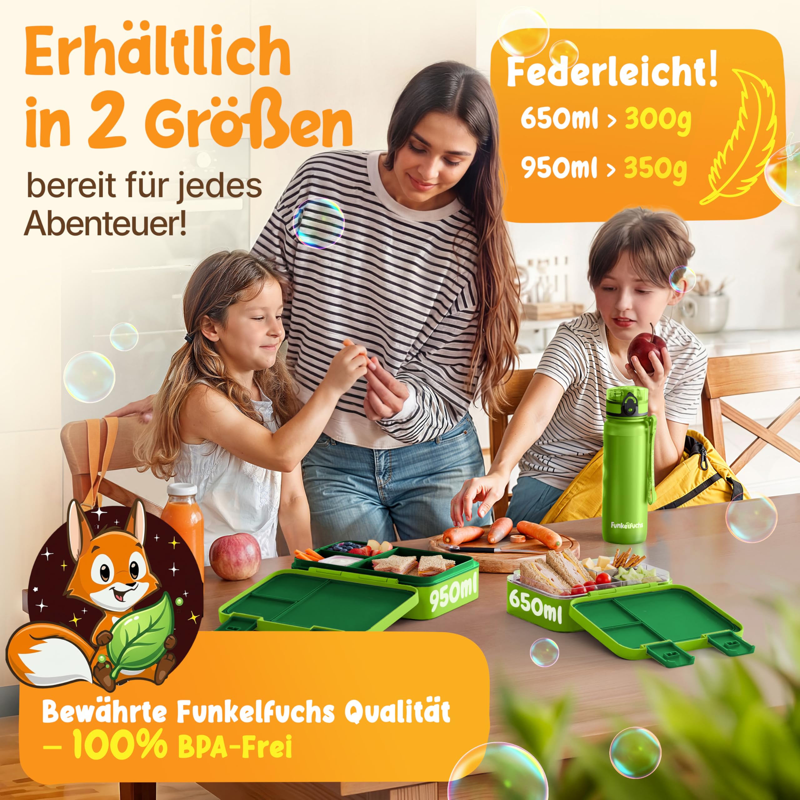 Funkelfuchs LUMI | Brotdose Kinder mit Fächern – 950ml, Grün | Lunchbox BPA-frei für Schule & Kindergarten |Super leicht, nur 350g |Auslaufsicher, Spülmaschinengeeignet | Bento Box, Snackbox, Brotbox