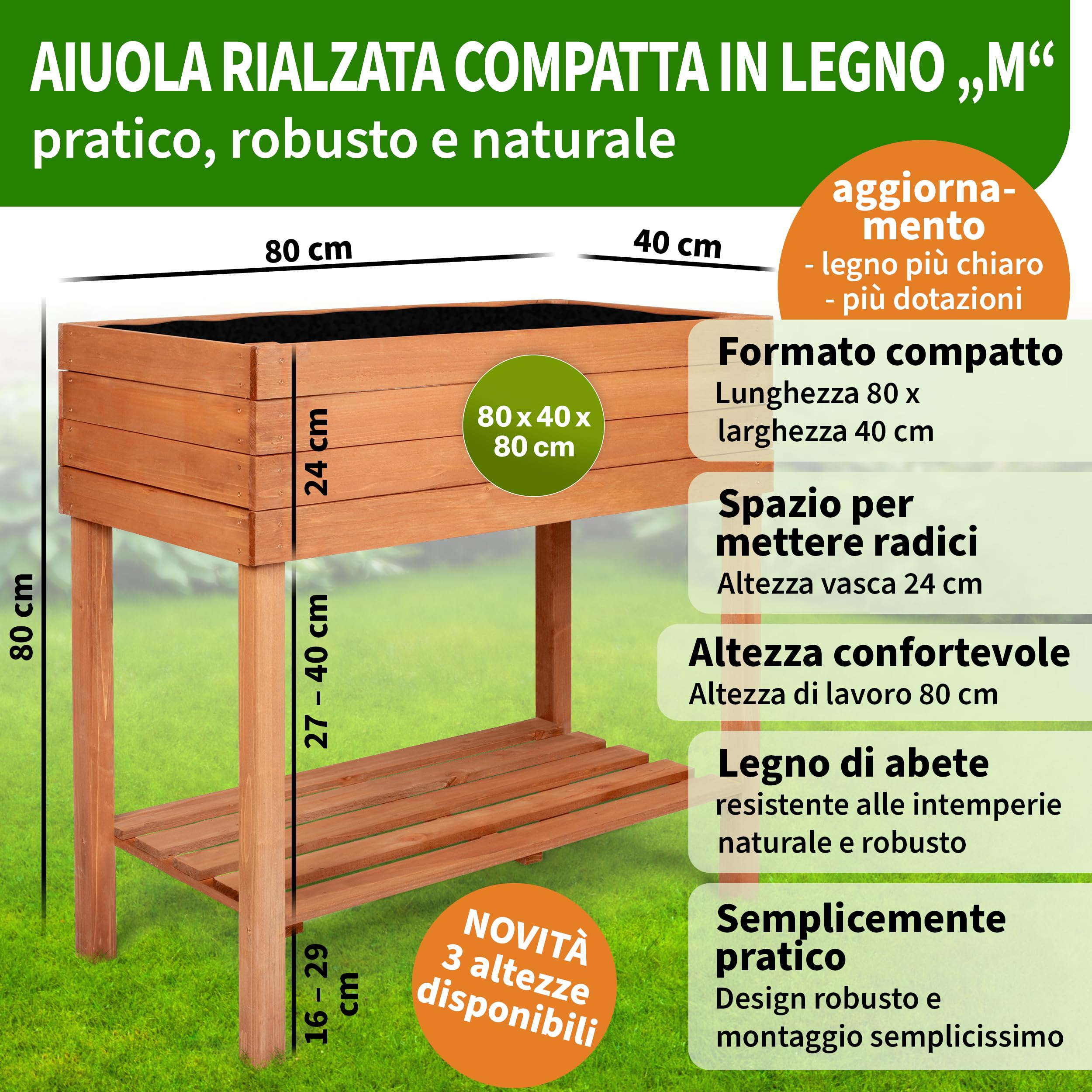 TTL GARDEN Fioriera rialzata da balcone, M, 80 x 40 x 80 cm, in legno, con ripiano e pellicola, in legno di abete resistente alle intemperie, aiuola per piante, aiuola per giardino, balcone, terrazza,