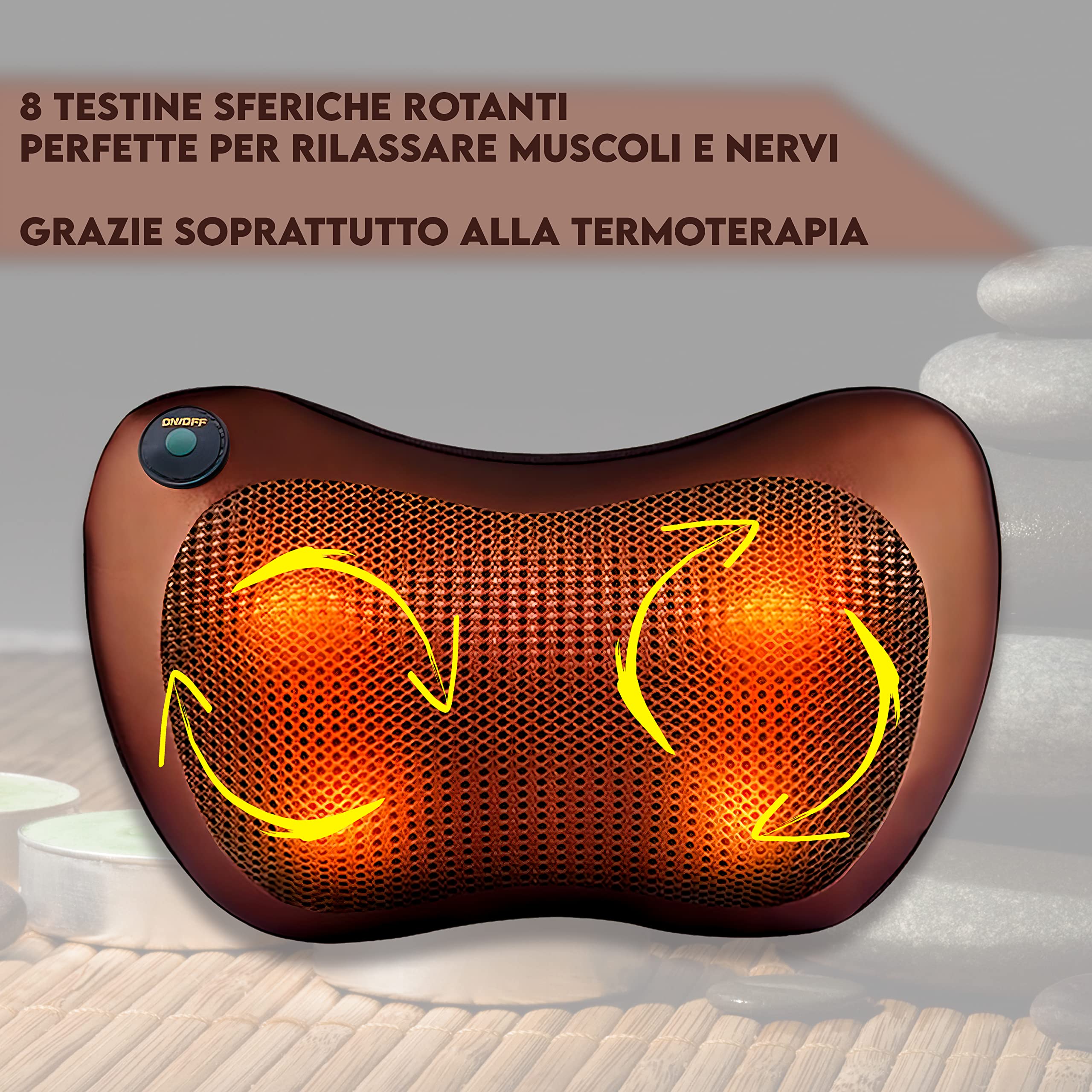 Cuscino Massaggiante Shiatsu, Massaggiatore per Cervicale Collo Gambe con Testine Rotanti al Calore, Allevia Stress e Dolore, Adatto per Ogni Schienale