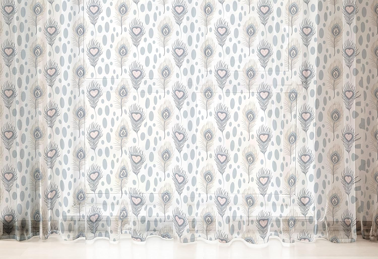 Lunarable Peacock Tulle Curtains with Rod Pocket, Symbolic Plumage with Hearts and Spots Love Valentines Exotic Wild Image, Sheer Drape for Wedding Party 2 Panels, 108" x 63", Blue Grey Dust White