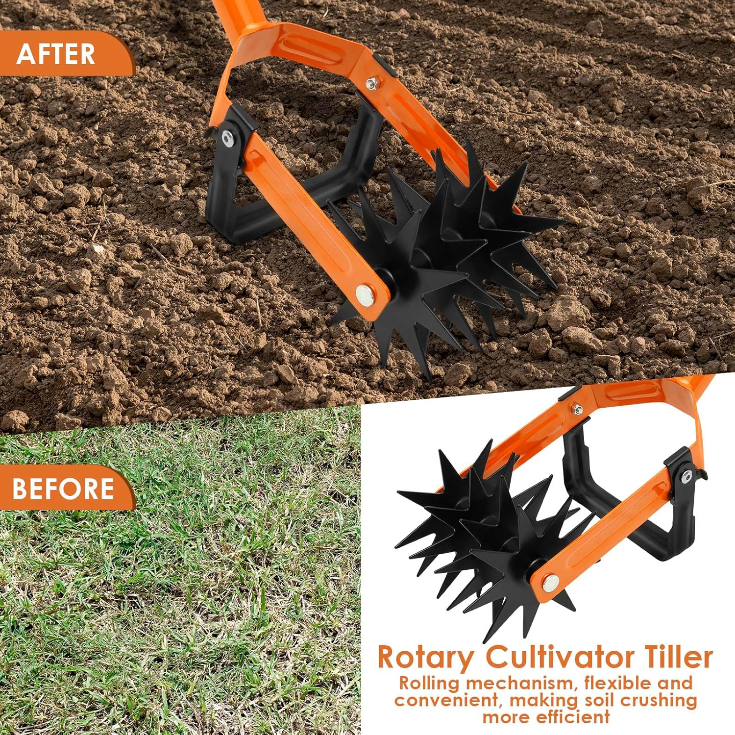 Rotary Cultivator Tiller Adjustable Garden Tool, Hand Tiller with Stainless Steel Pole, 2-in-1 Garden Weeder and Crumbler Soil Cultivator Tool, Lawn Manual Tiller for Loosing and Mixing Soil