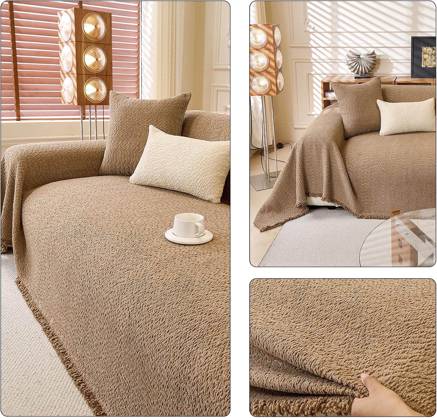 ROOMLIFE Couch Cover 3 Cushion Sofa, Washable Non Slip Furniture Sofa Protector Cover, Soft Chenille Sofa Slipcovers Sectional L Shape Dogs Couch Cover Throw Blanket with Tassels 71''X134''