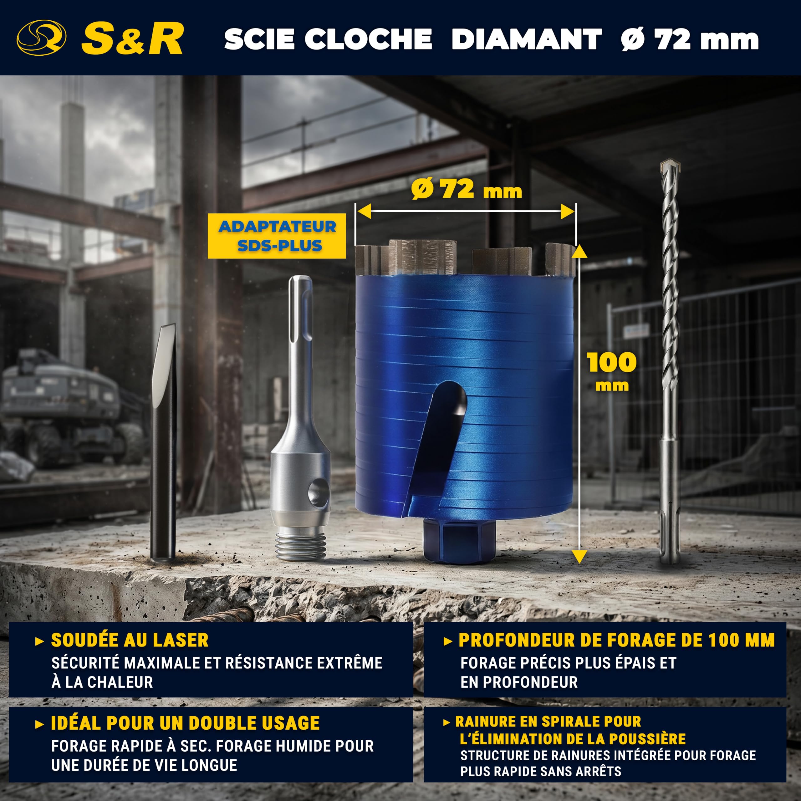 S&R Scie Cloche Trepan Couronne diamant Carotteuse Béton + Adaptateur SDS-plus M16 + Forets 8x120mm + cale d'extraction (72 mm)