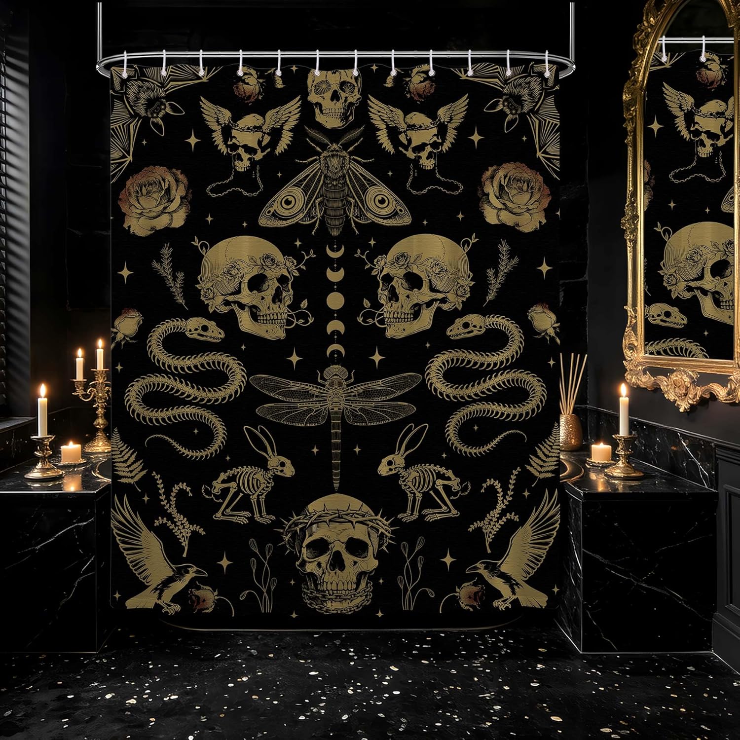 Skull Shower Curtain Dark Gothic Flower Skeleton Bat Shower Curtains for Horror Witchy Bathroom Decor, Waterproof Fabric 72 x 84 inch with Hooks
