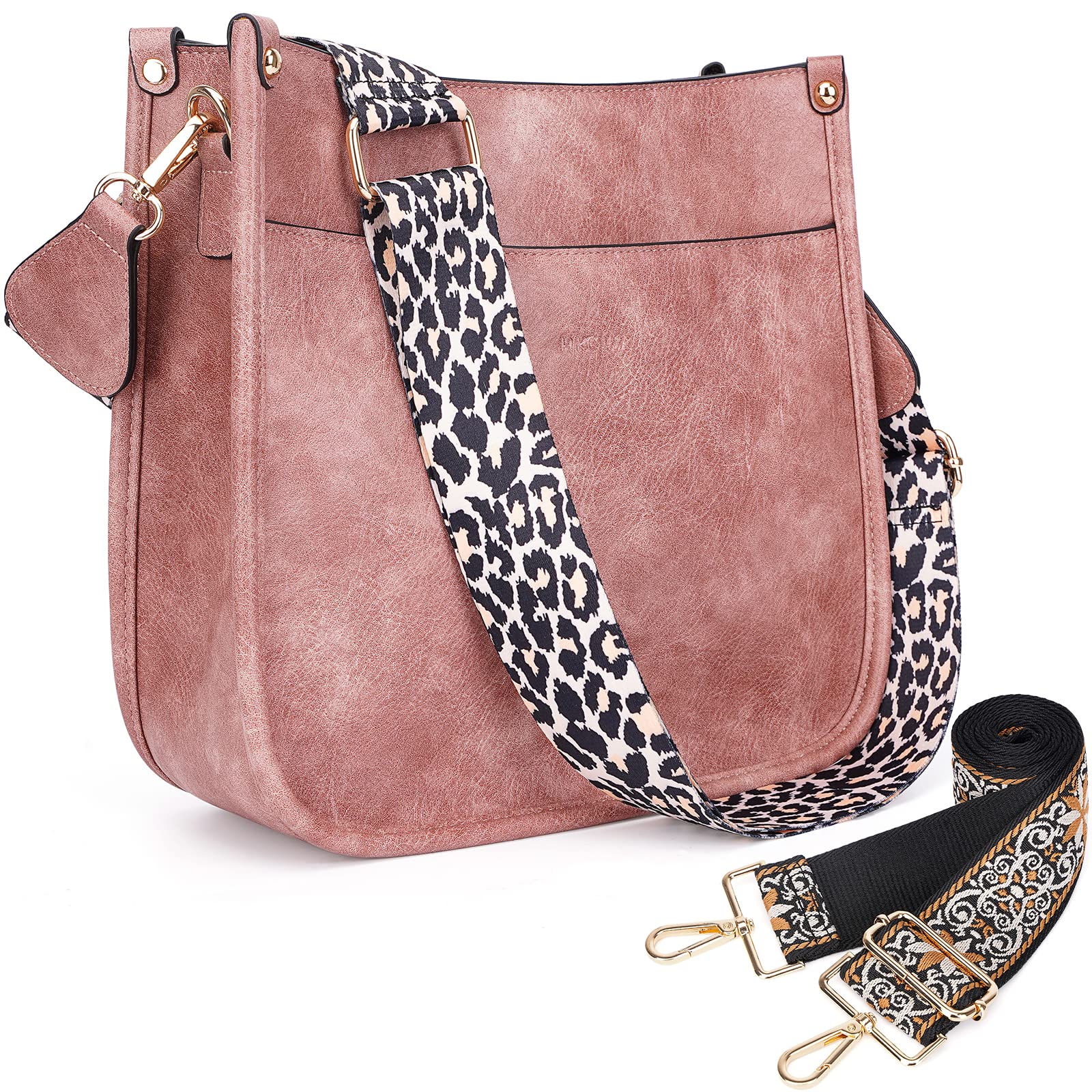 HKCLUFCrossbody Bags for Women Trendy Vegan Leather Hobo Handbags With 2PCS Adjustable Guitar Strap Shoulder Bucket Bags
