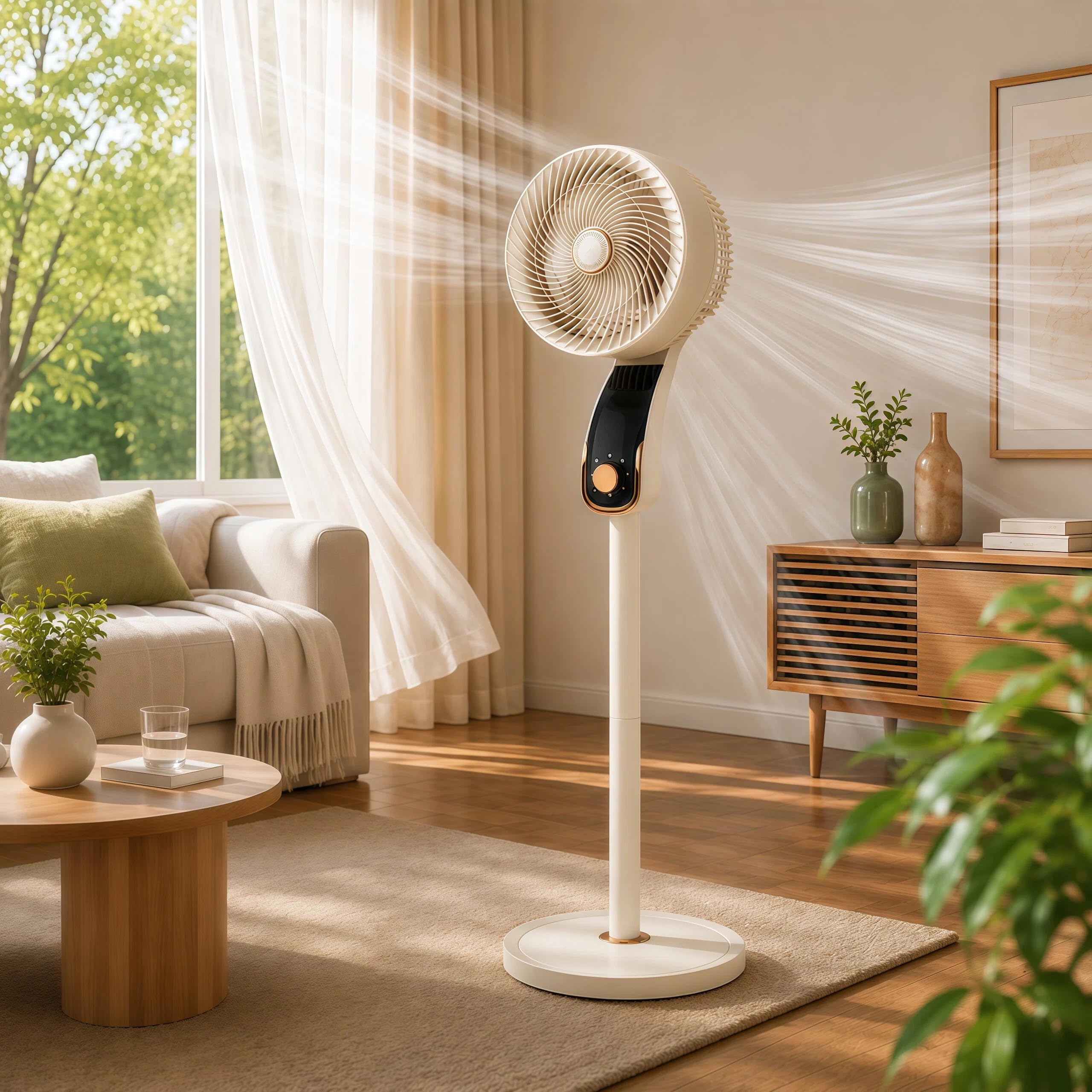 Standing Air Circulator Fan, 12-Speed Oscillating Floor Fan with Smart Voice Control, Remote & Touch Screen, 1–12H Timer, Ultra Quiet Whole Room Cooling Fan for Bedroom Home Office (Beige Touch only)