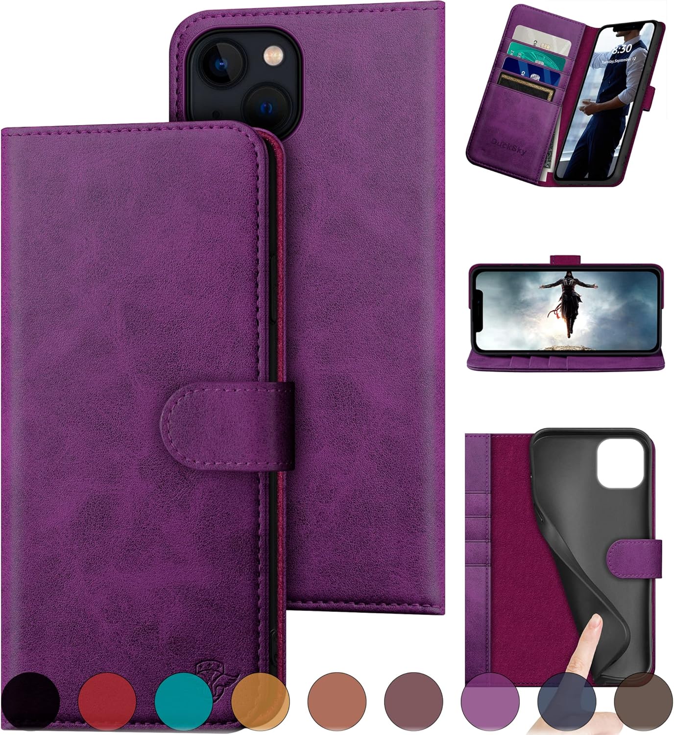 DuckSky for iPhone 15 Plus 6.7" Genuine Leather Wallet case 【RFID Blocking】【4 Credit Card Holder】【Real Leather】 Flip Folio Book Phone case Protective Cover Women Men for Apple 15 Plus case Purple