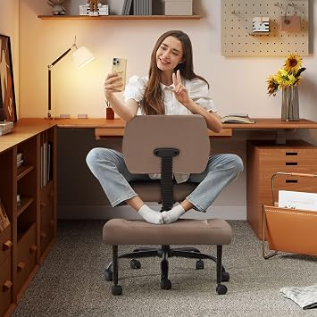 Cross Legged Office Chair with Wheels, Criss Cross Chair with Wider Thicken Seat, ADHD Meditation Chair with Adjustable Footstool for Adults, Yoga Office Chair, PU Brown