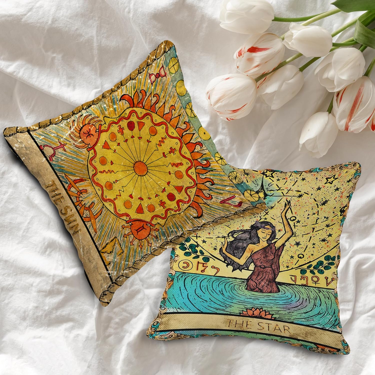 (RB) Tarot the Star Flannel Throw Pillow Case, 18 x 18 Inch Set of 4, Daughter Sister Astrology Tarot Lovers Gifts, Mom, Wife Gifts, Tarot Art Decor Cushion Cover for Sofa Bed Girl Room College Dorm