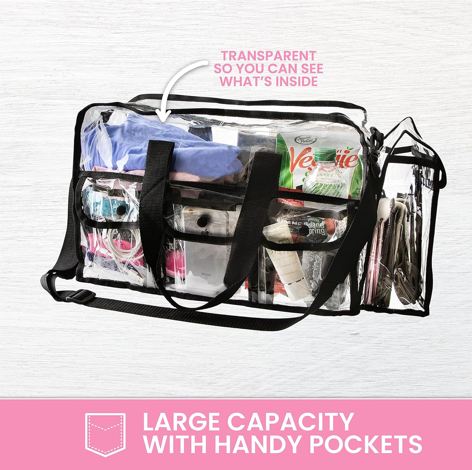 Large Clear Makeup Organizer Bag 17 inch x 9 inch x 10 inch, Cosmetic Bag with Sturdy Zipper and 4 External Pockets for Toiletries Adjustable Strap