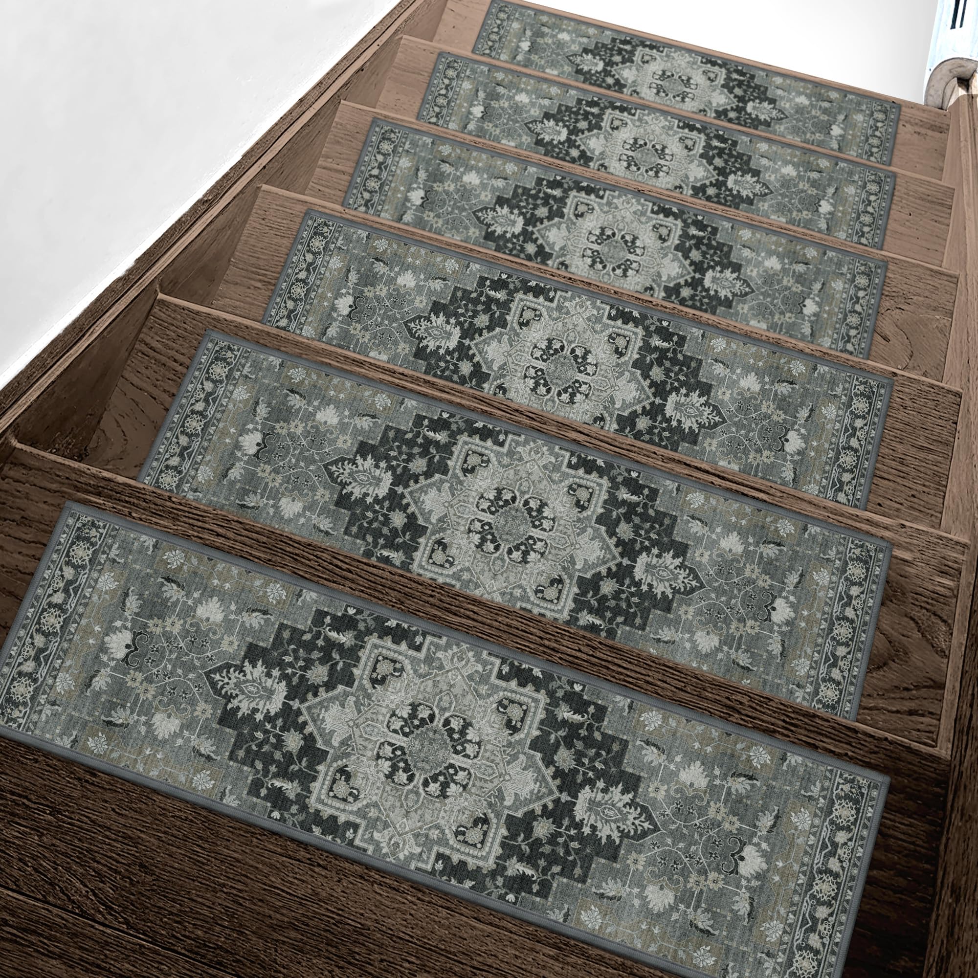 sarben Non Slip Stair Treads for Wooden Steps 15PCS - 8"x30" Indoor Safety Carpet, Edging Mats with TPE Adhesive Backing, Pet and Elderly Friendly