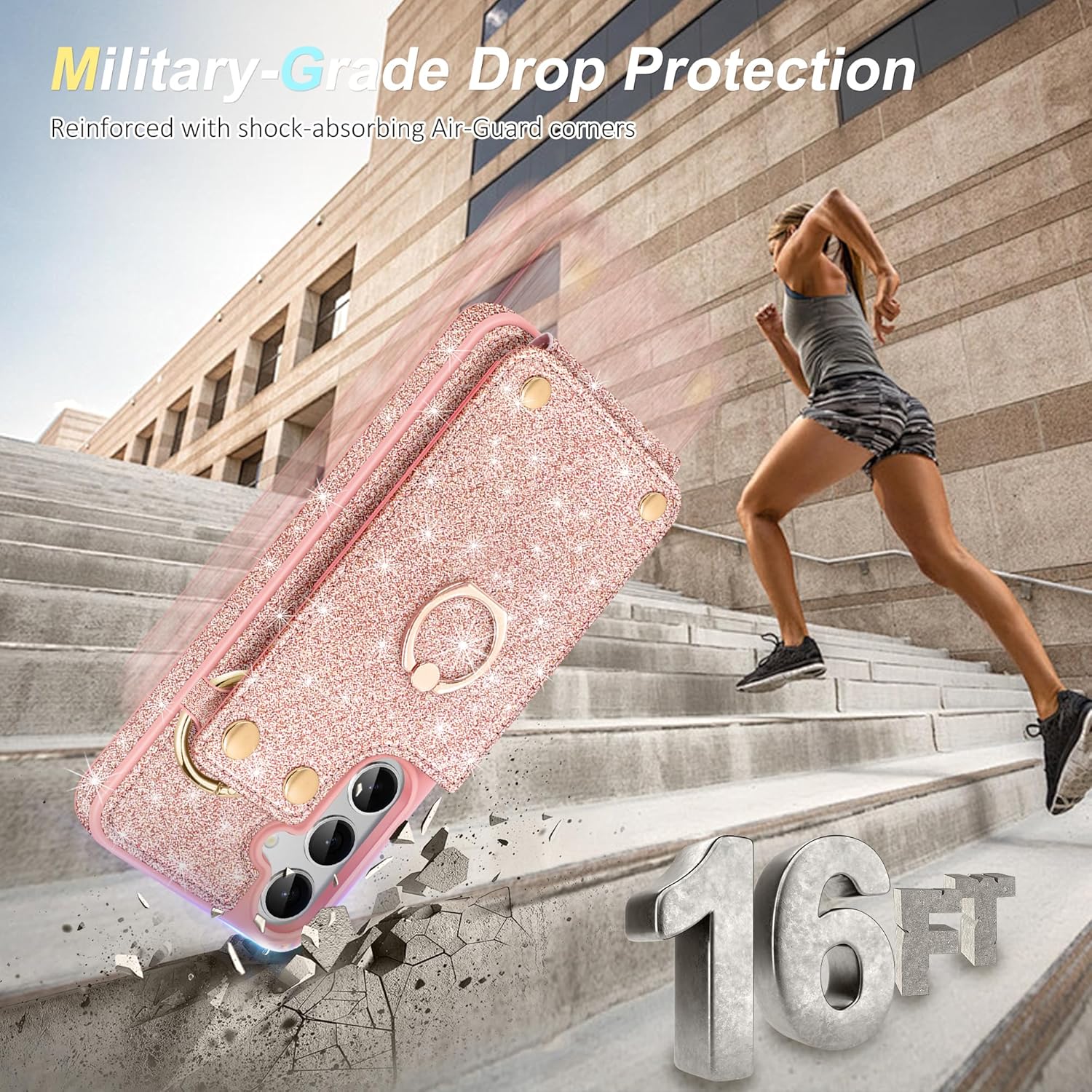 Fingic for Samsung Galaxy S24 Case Wallet[1*Screen Protector+1*Camera Protector][360°Ring Holder][5 Card Holder]Glitter Sparkle Kickstand RFID Blocking Protective Case forSamsung Galaxy S24,Rose Gold