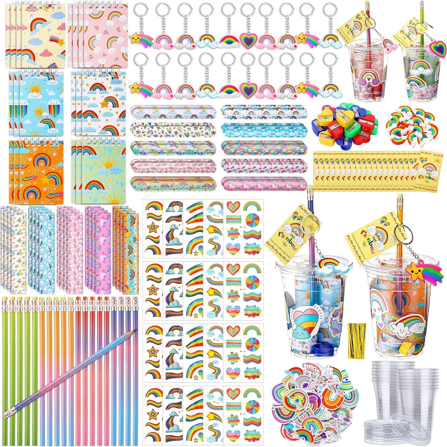 251 Pcs Party Favors Set Includes Drink Gift Cup Mini Notebooks Pencils Heart Eraser Pencil Sharpener Slap Bracelets Ruler Tattoo Stickers Cards Keychain School Stationery Set(Rainbow)