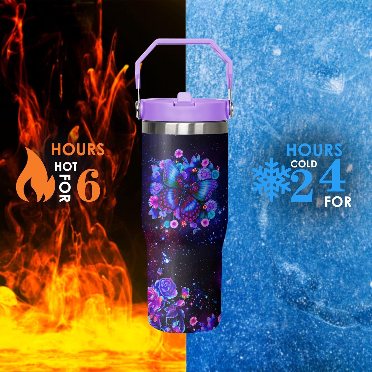 30 oz Butterfly Purple Flip Straw Tumbler with Top Handle for Butterfly Purple Lover Resuable Vacuum Insulated Flip Top Water bottle for Home Office Car - Image 4