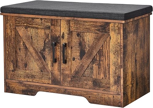 HOMSHO Banco de almacenamiento de 2 niveles, banco de zapatos con cojín de asiento acolchado, banco de entrada con 2 puertas de granero, estante