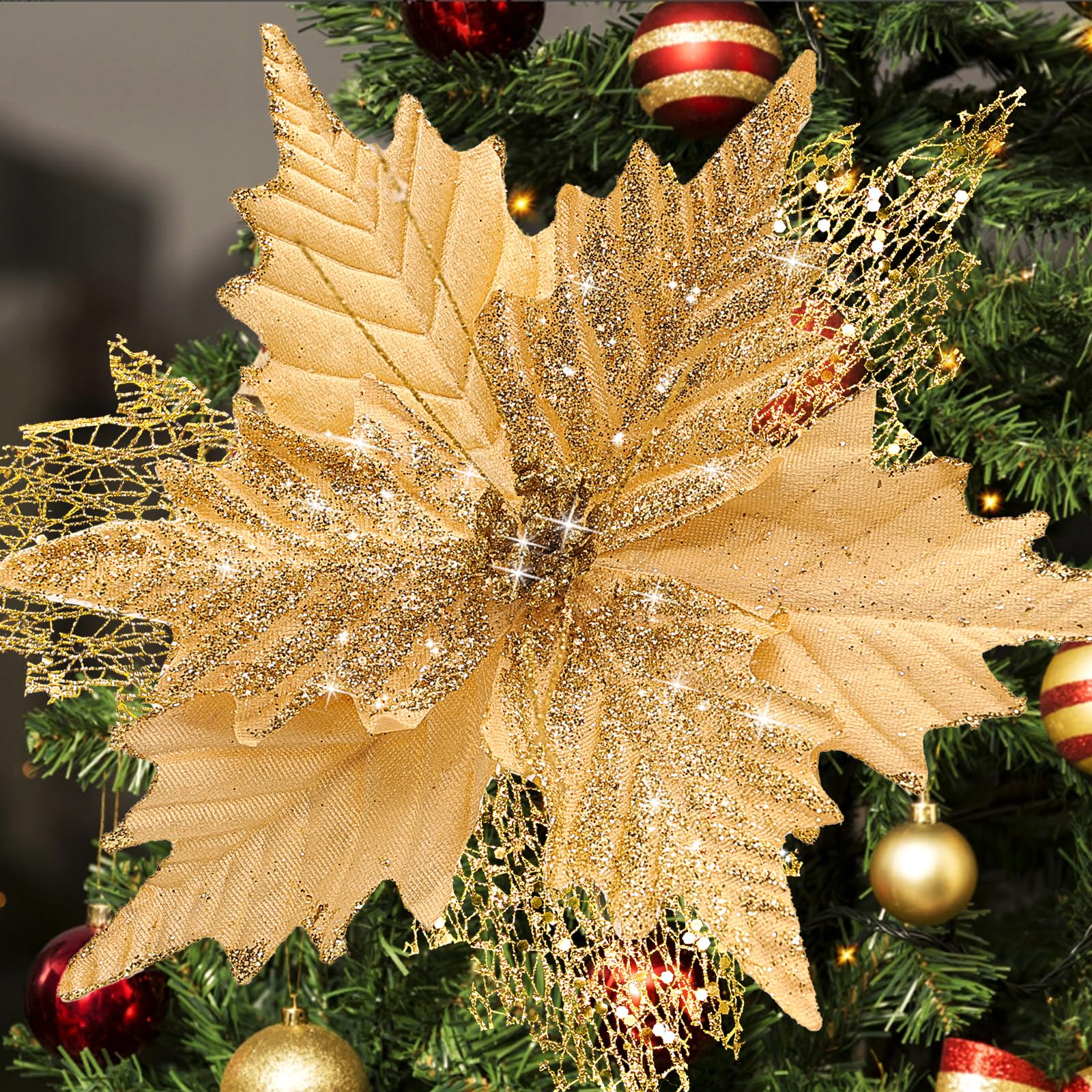 stadeco 10-Inch Glitter Poinsettias 10-Pack