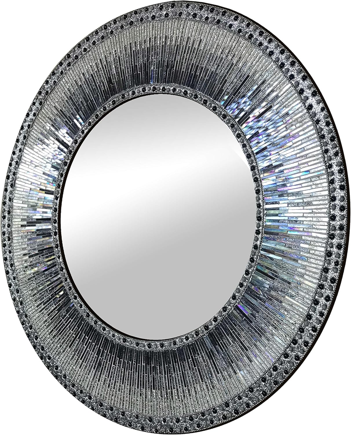 Kaleidoscope 24 Inch Wall Mirror, Luxe Multi-Colored Silver and Iridescent Charcoal Gray Glass Mosaic Framed Wall Mirror, Decorative Round Accent/Vanity Mirror (24" X 24")
