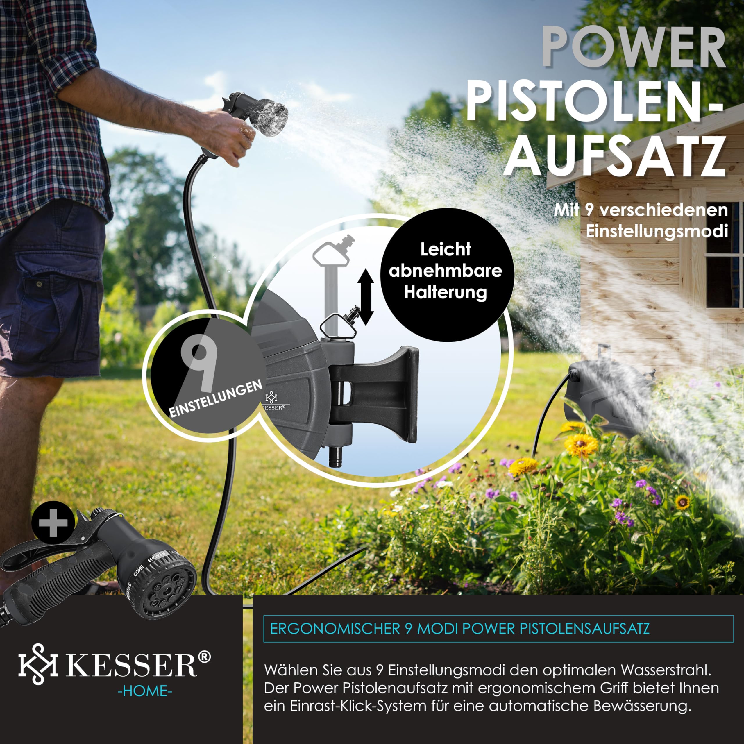 KESSER® automatische Schlauchtrommel 30 m + 2 m, Wand Schlauchbox mit Aufrollautomatik, Schlauchaufroller mit Gartenschlauch, 180° schwenkbar + Multi Handbrause mit 9 Modi, inkl. 2 Aufsätze, Anthrazit