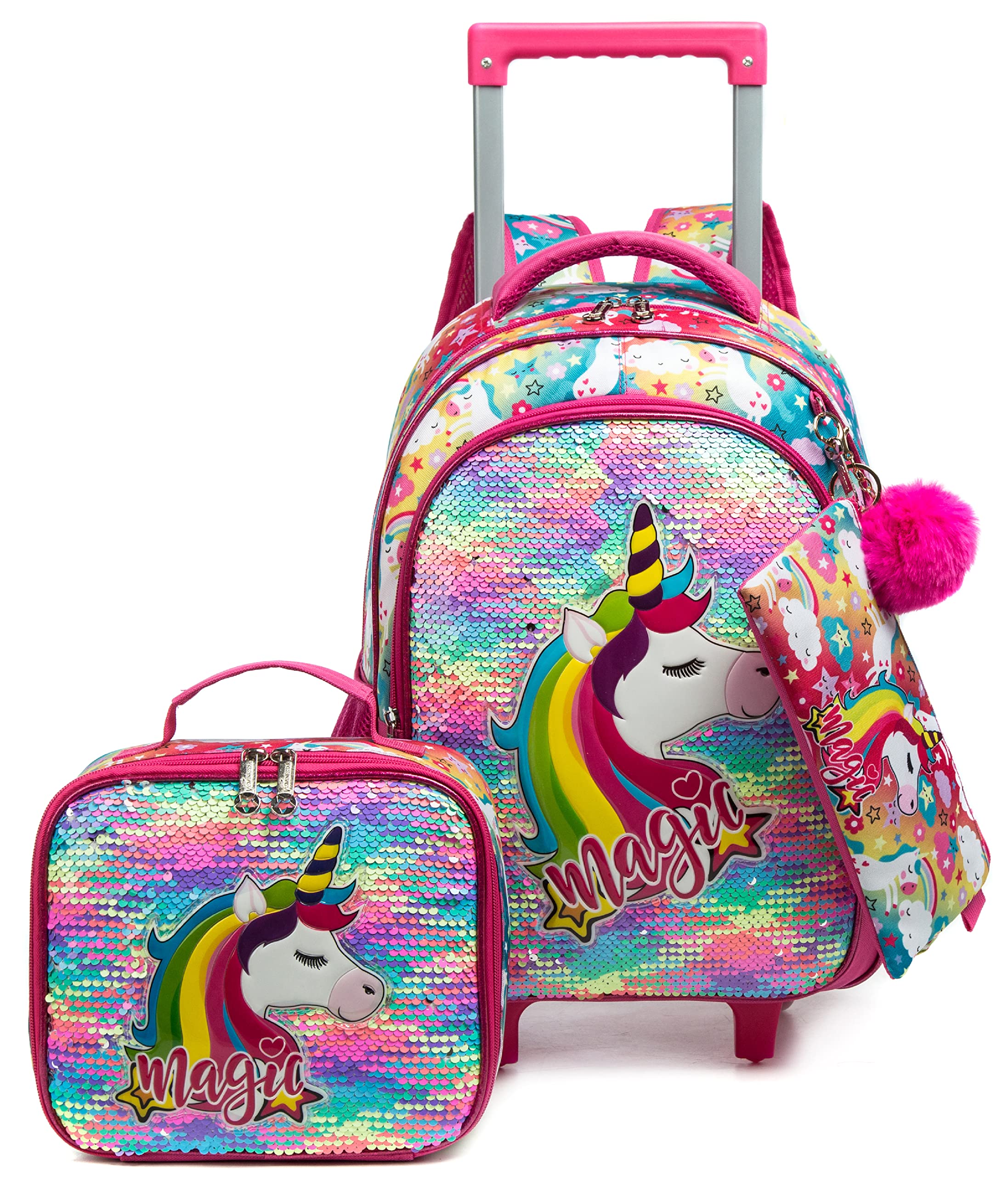 HTgroce 16''Mochila con Carrito Escolares con Diseño de Unicornio,3 in 1 Trolley Escolar para Niños y Niñas para la Escuela Primaria para la Guardería,Regalo de la Escuela de Niña.