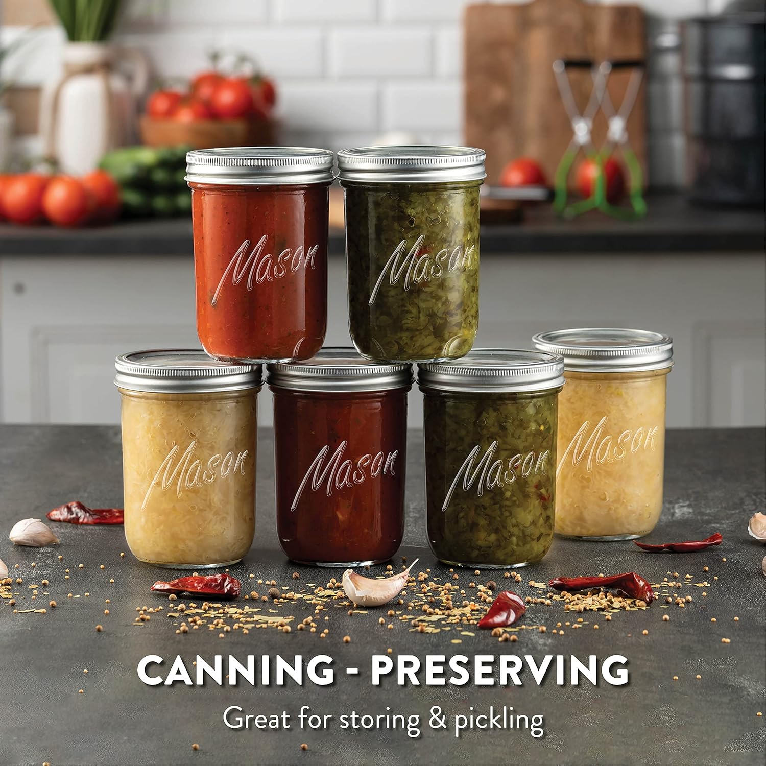 Wide-Mouth Glass Mason Jars, 16-Ounce (6-Pack) Glass Canning Jars with Silver Metal Airtight Lids and Bands with Chalkboard Labels, for Canning, Preserving, Meal Prep, Overnight Oats, Jam, Jelly: Home & Kitchen