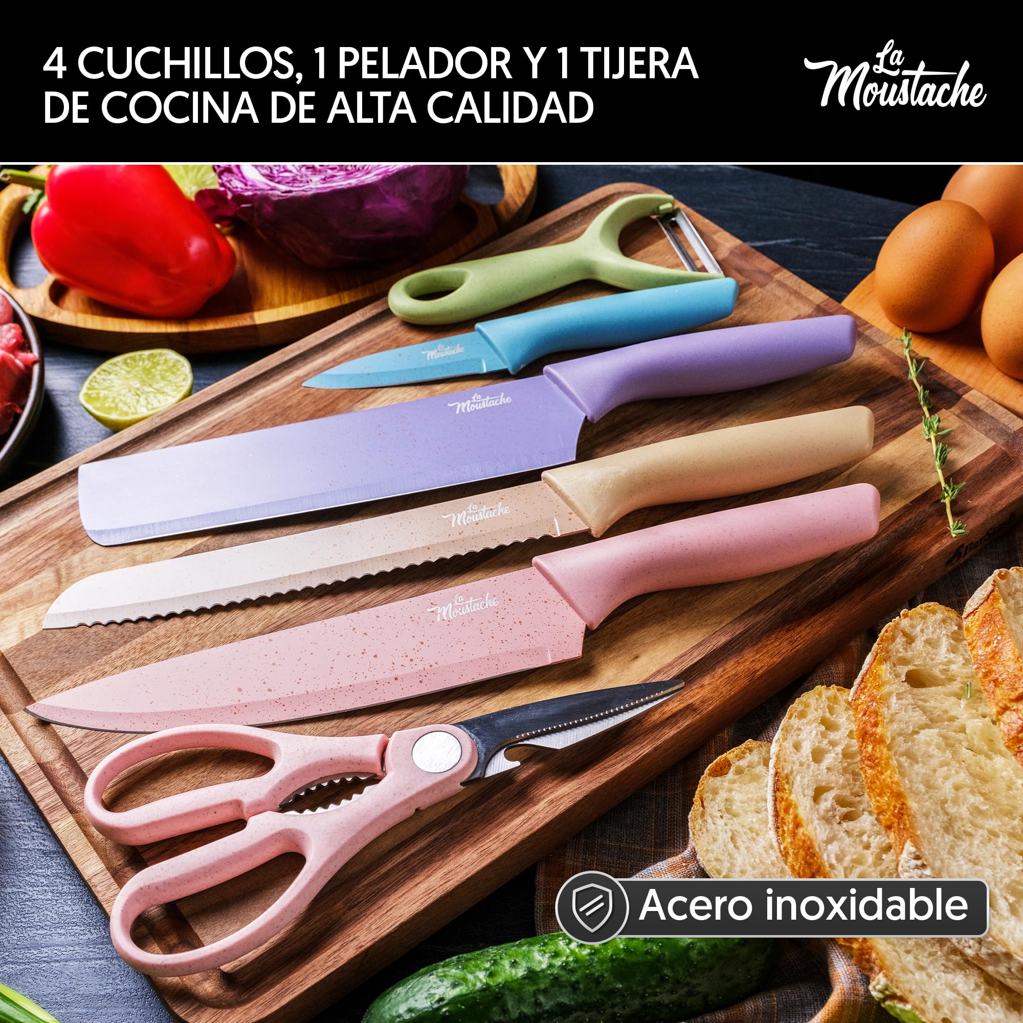 La Moustache Set de Cuchillos de Cocina Profesionales 6 Piezas Acero Inoxidable Antiadherente