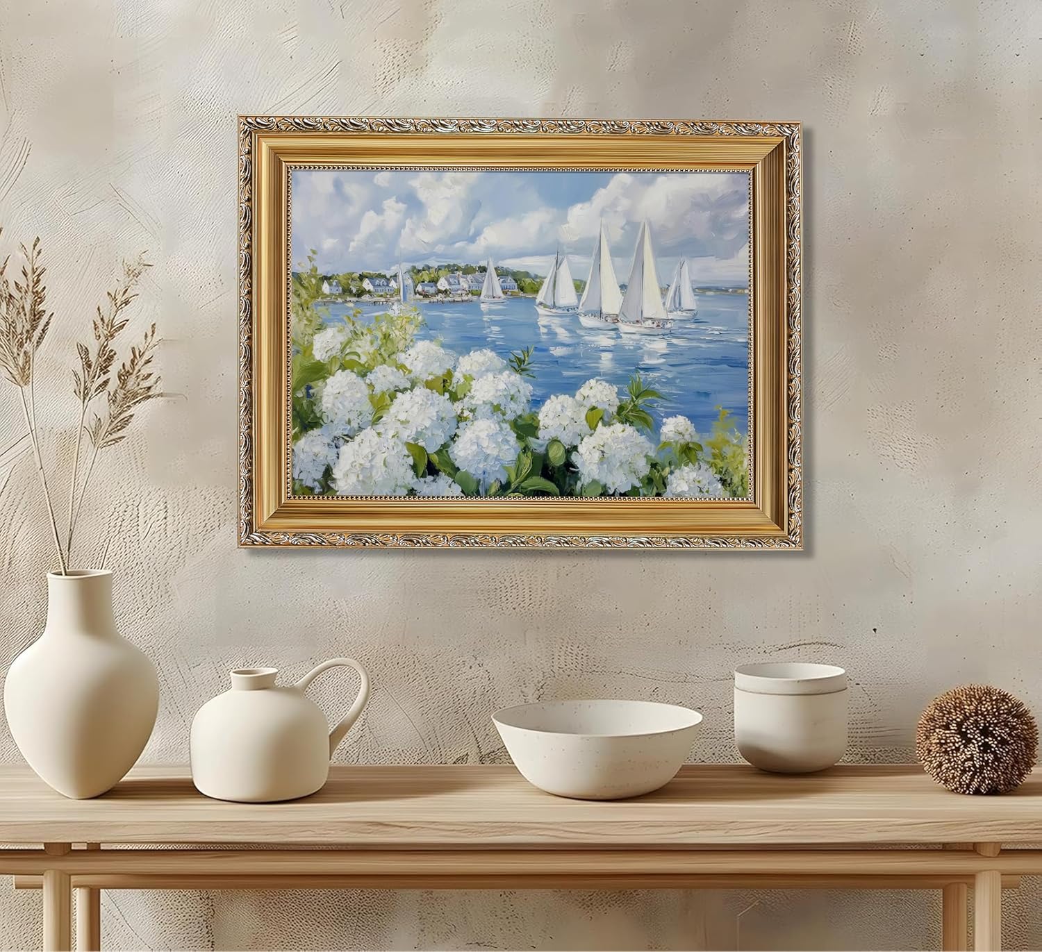 Vintage Gold Frame 3D Texture Coastal Floral Wall Art Summer Ocean Aesthetics Sailing Painting Picture Wall Decor White Hydrangea Poster Print Artwork for Kitchen Bedroom Living Room Home Decoration
