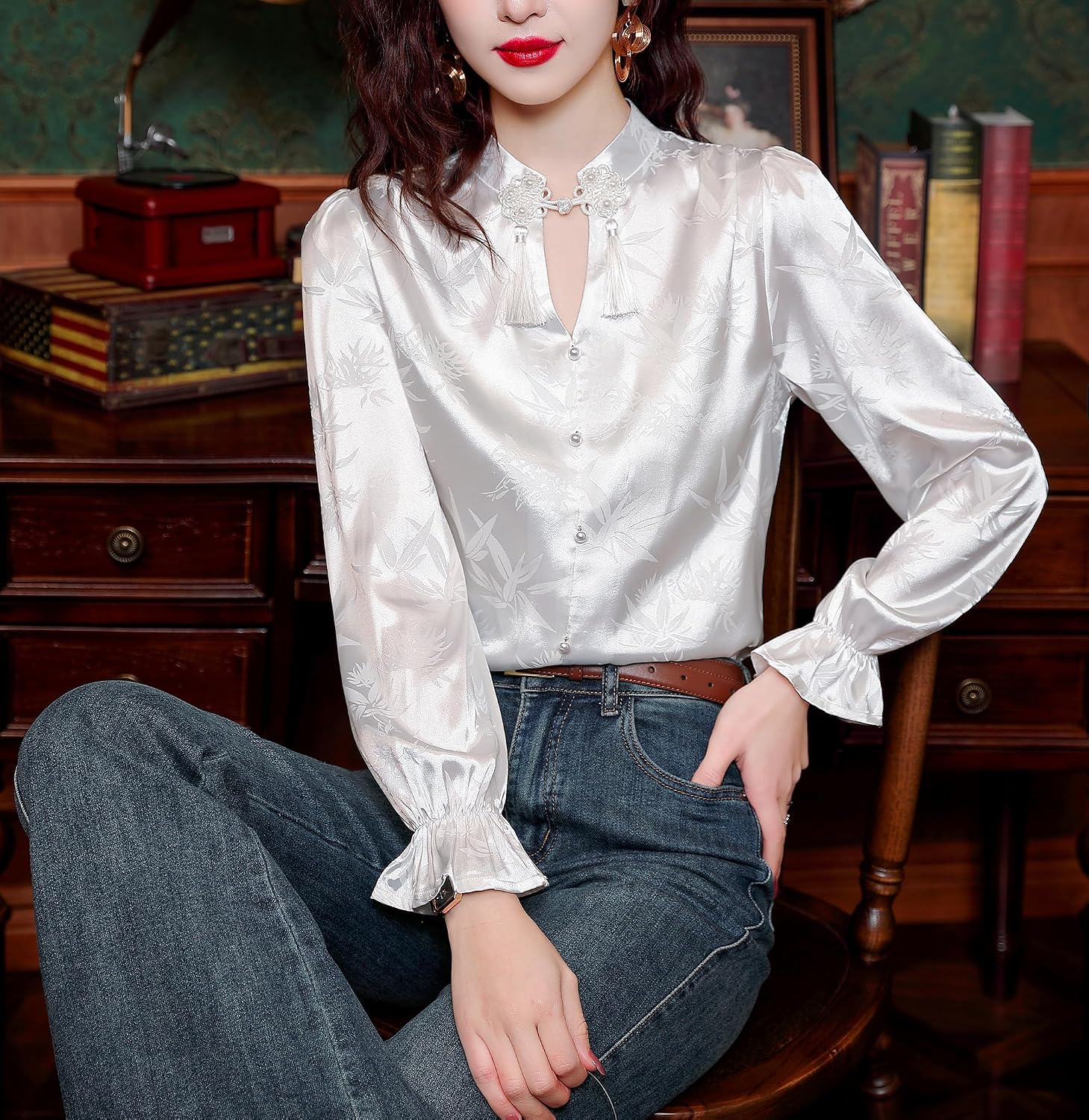 LAI MENG FIVE CATS Women's Chinese Cheongsam Shirt Silk Satin Mandarin Collar Long Sleeve Blouse Top