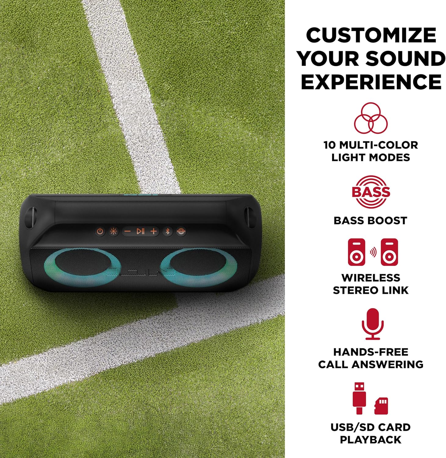 ION Uber Boom Ultra, High-Power Portable Bluetooth Stereo Speaker System with Lights, Rechargeable Battery, App Control, USB Playback, Water-Resistant and Sandproof, 80W - Image 3