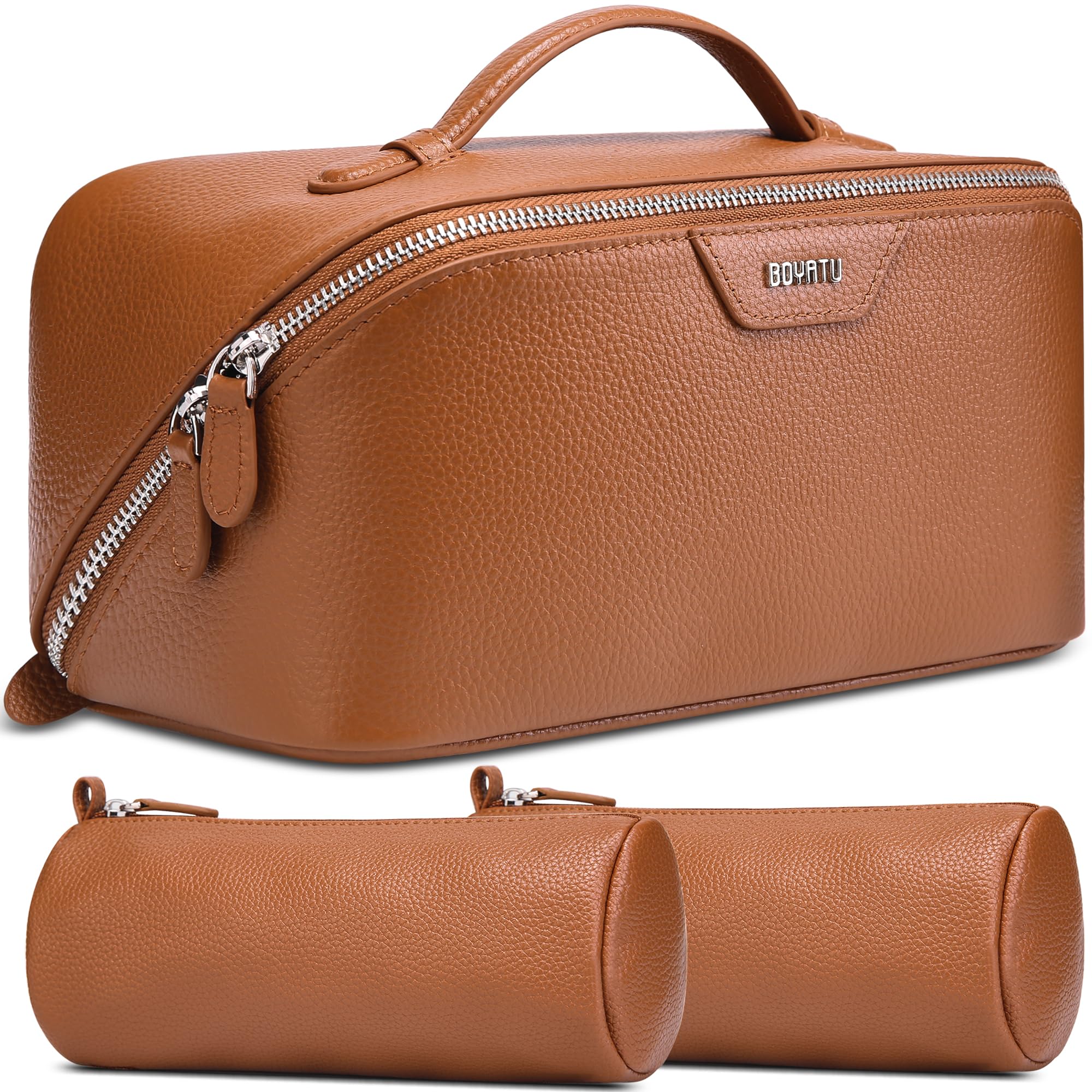 BOYATU Genuine Leather Travel Makeup Bag Brown