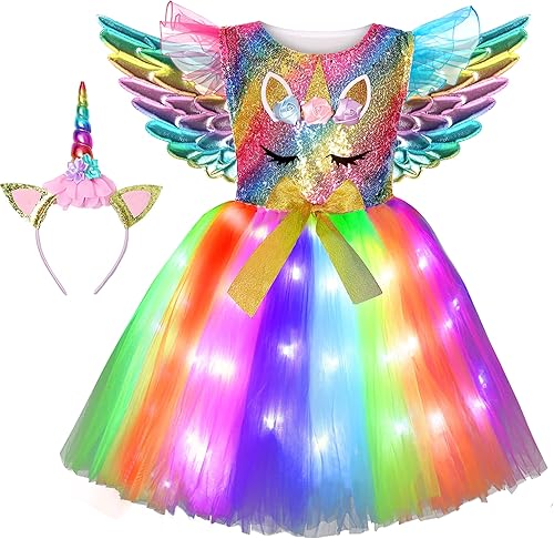 Miniatura 6 de Soyoekbt Girls Unicorn Costume LED Light Up Unicorn Princess Tutu Dress for Birthday Party Halloween with Headband Wing