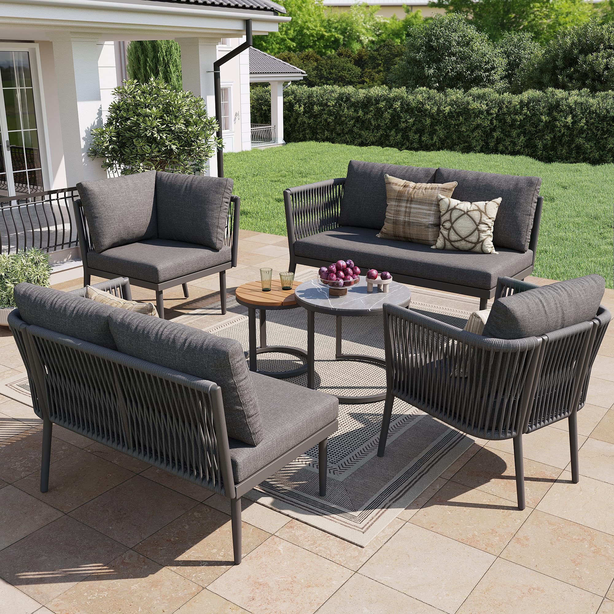 Set da giardino modulare 6 pezzi divano con panca impermeabile cuscini grigio 5-6 persone
