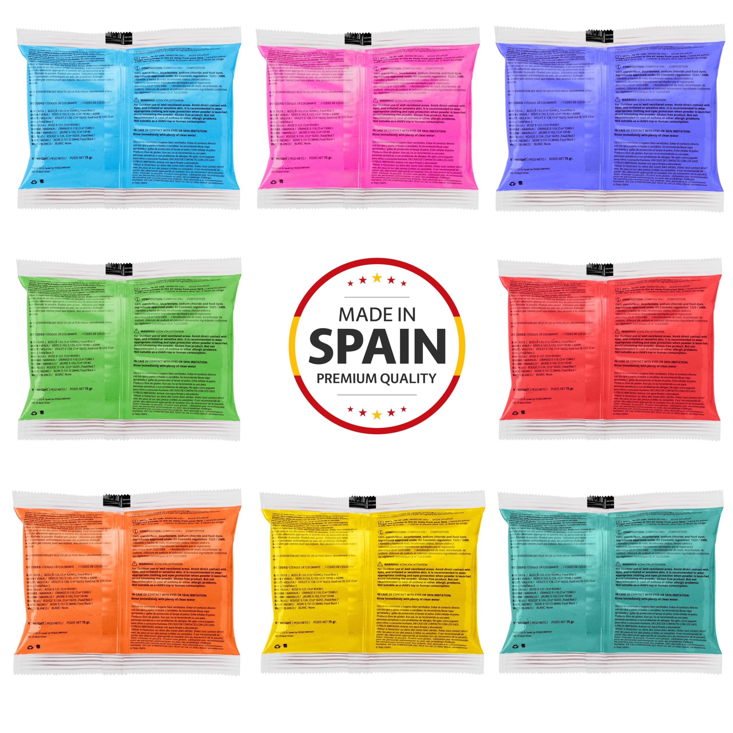 Poudre Holi - Pack de 24 sachets - 8 Couleurs Différentes - Peignez en couleur vos Fêtes Holi et Holi Run