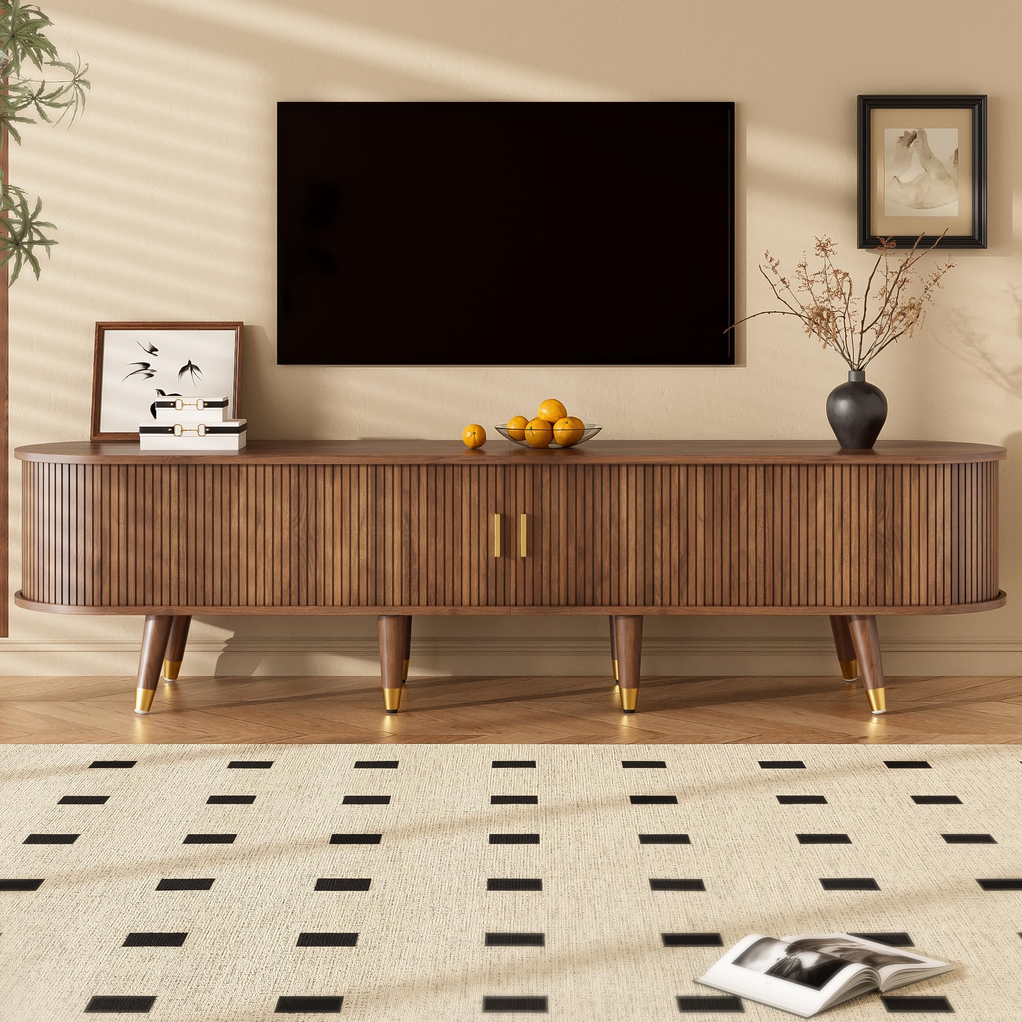 Merax TV Stand Cabinet, TV Unit 175cm Storage Cabinet with Sliding Door, Open Shelves, Drawers, Stabilizing gold finish Legs, 175 L x 38 B x 45 H, Walnut Look